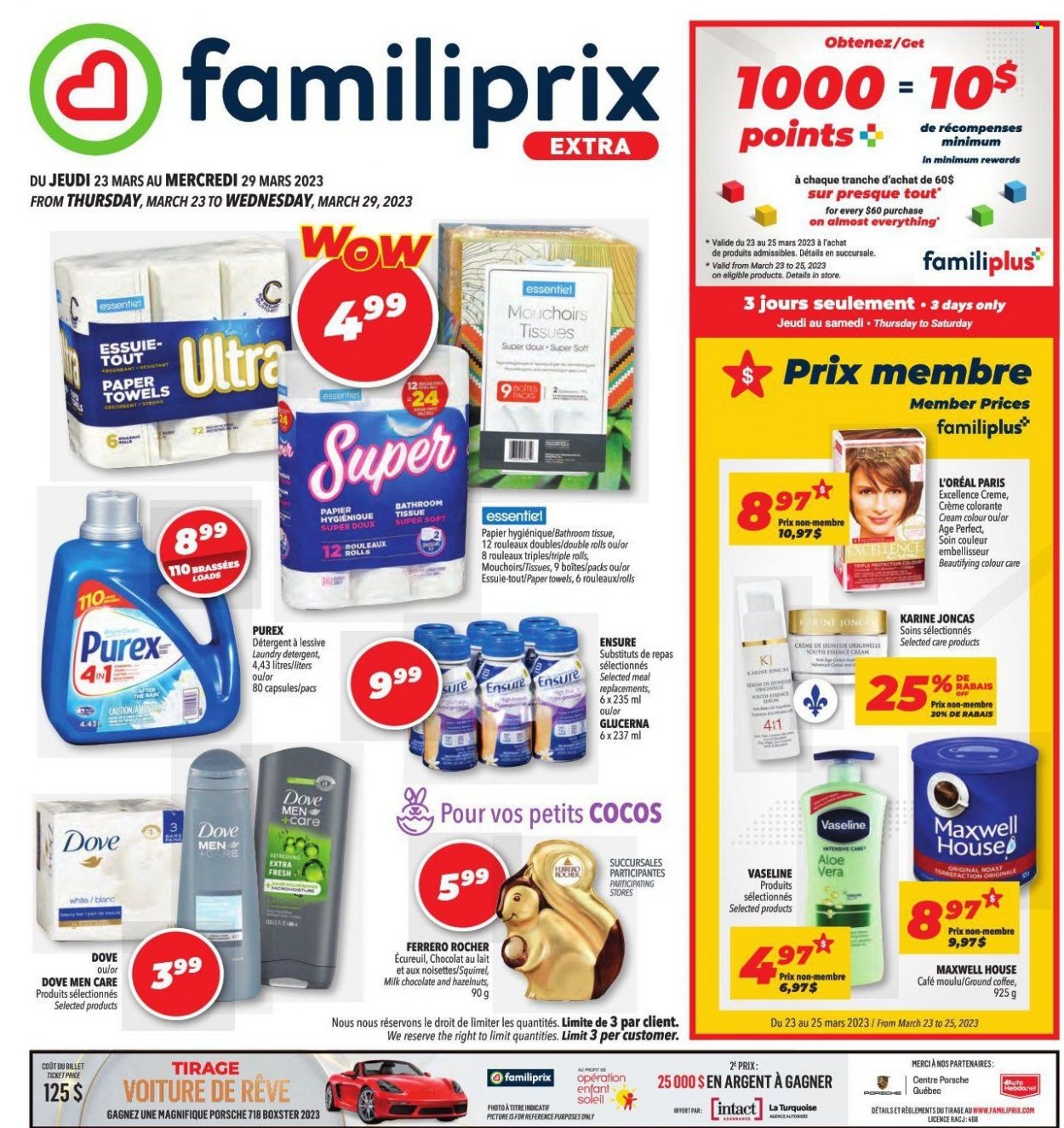 thumbnail - Familiprix Extra Flyer - March 23, 2023 - March 29, 2023 - Sales products - Dove, milk chocolate, Mars, Merci, Maxwell House, coffee, ground coffee, bath tissue, kitchen towels, paper towels, laundry detergent, Purex, Vaseline, L’Oréal, Sure, Glucerna, detergent, Ferrero Rocher. Page 1.
