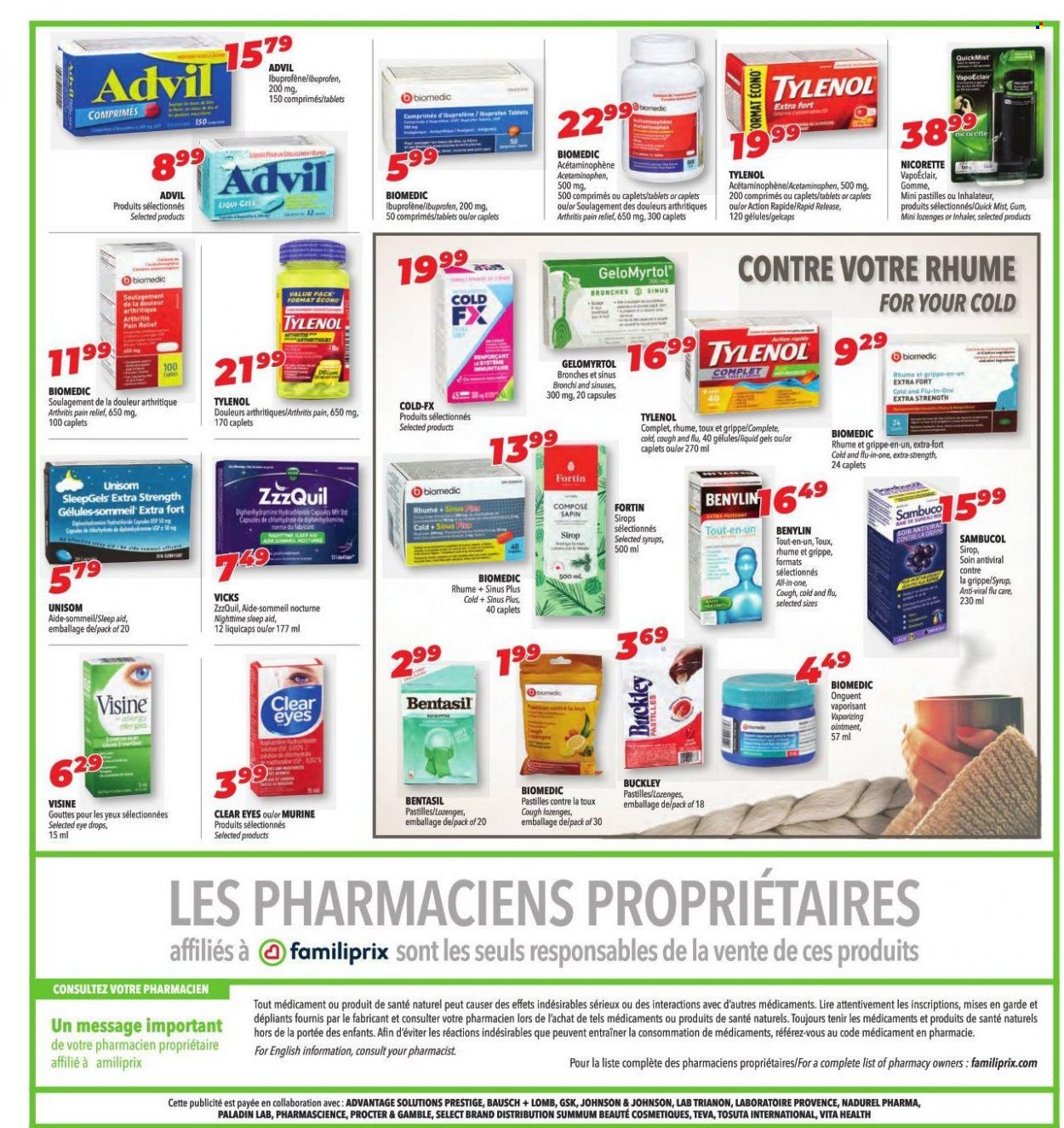 thumbnail - Familiprix Extra Flyer - March 23, 2023 - March 29, 2023 - Sales products - pastilles, syrup, Johnson's, ointment, Vicks, pain relief, Nicorette, Tylenol, Unisom, ZzzQuil, Ibuprofen, eye drops, Advil Rapid, Sambucol, Benylin. Page 5.