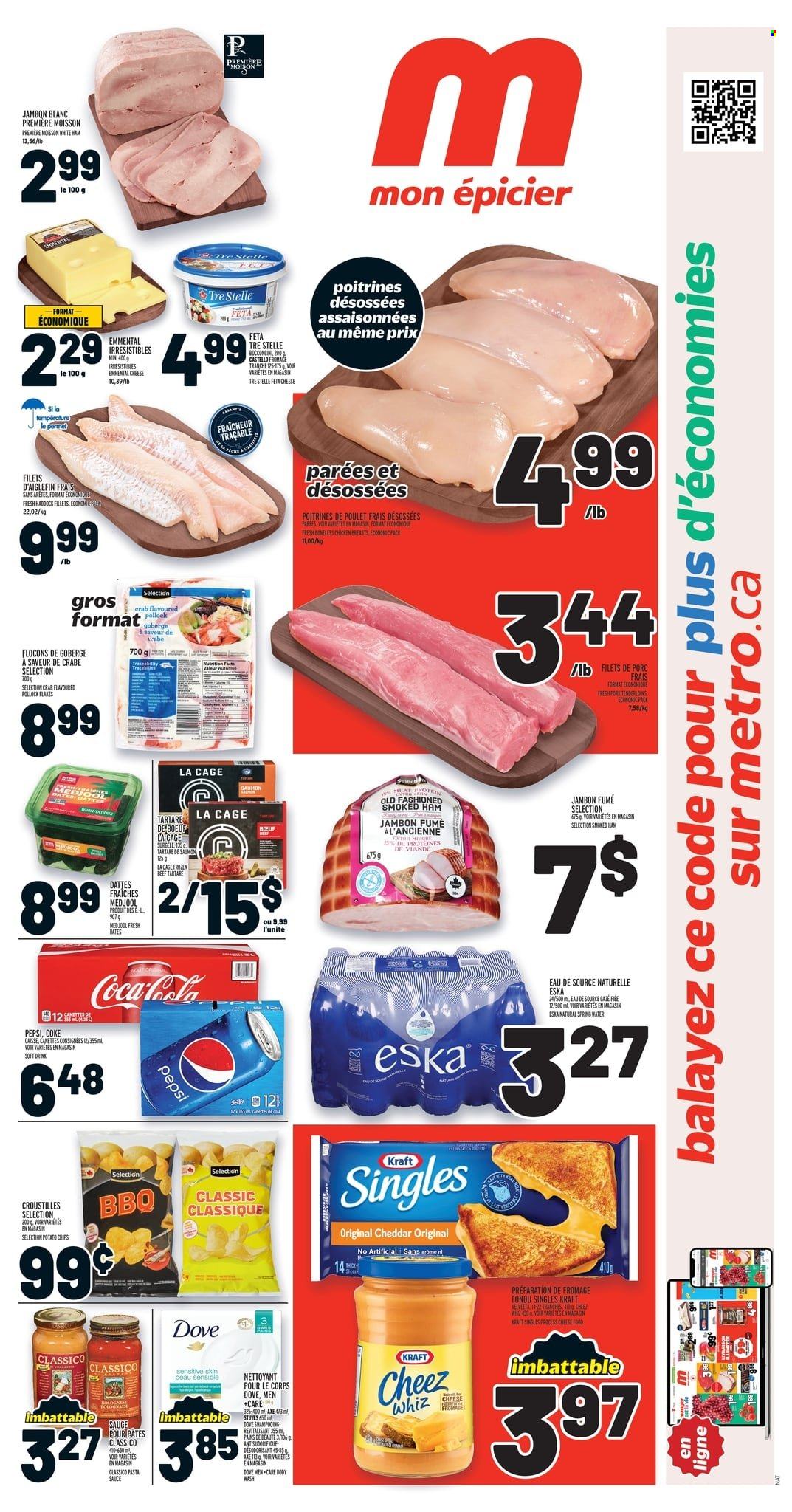 thumbnail - Metro Flyer - March 23, 2023 - March 29, 2023 - Sales products - haddock, pollock, crab, pasta sauce, sauce, Kraft®, ham, smoked ham, bocconcini, sandwich slices, cheese, feta, Kraft Singles, Dove, potato chips, Classico, Coca-Cola, Pepsi, soft drink, Coke, spring water, water, chicken breasts, chicken, Axe, fork, PREMIERE, cage. Page 1.