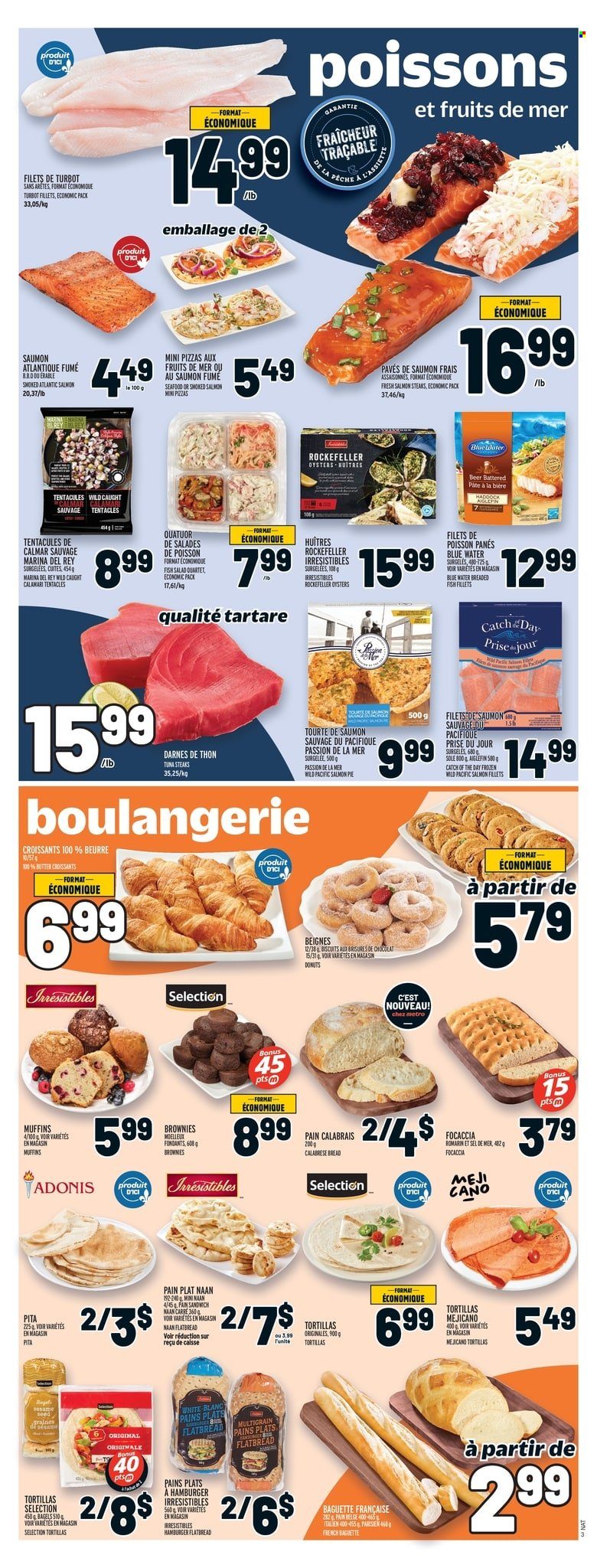 thumbnail - Metro Flyer - March 23, 2023 - March 29, 2023 - Sales products - bagels, bread, tortillas, pita, pie, croissant, focaccia, flatbread, brownies, donut, muffin, salad, calamari, fish fillets, salmon fillet, smoked salmon, tuna, oysters, turbot, seafood, fish, pizza, hamburger, breaded fish, biscuit, sesame seed, water, beer, steak, baguette. Page 4.