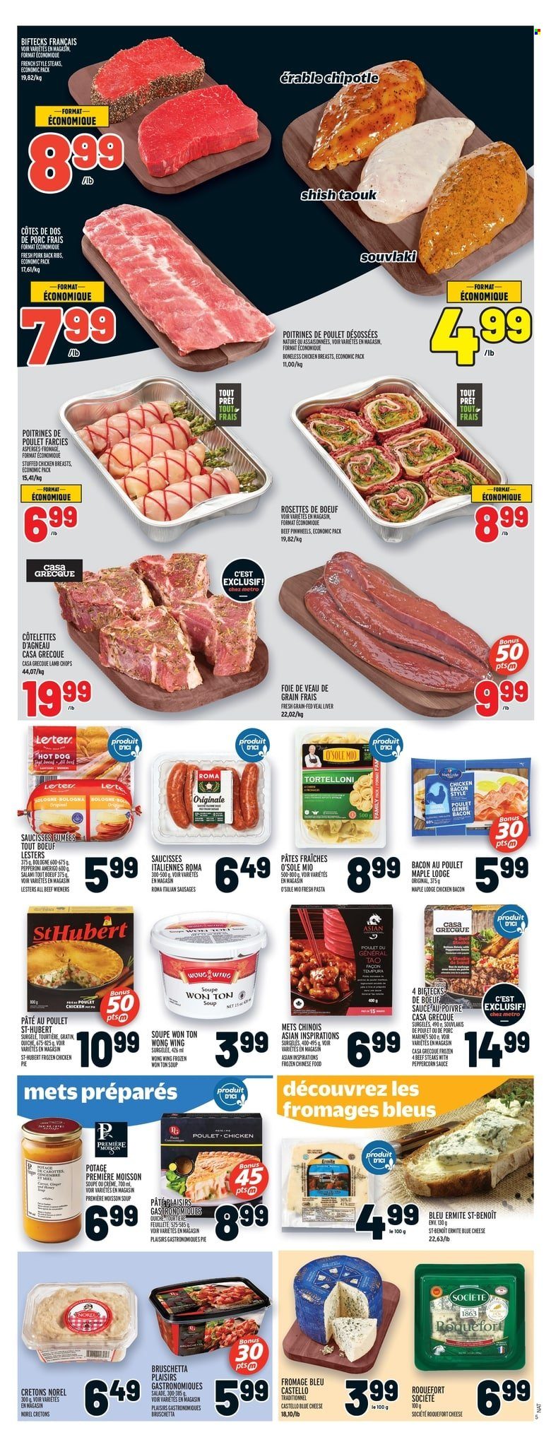 thumbnail - Metro Flyer - March 23, 2023 - March 29, 2023 - Sales products - pie, hot dog, soup, sauce, stuffed chicken, bruschetta, bacon, salami, bologna sausage, sausage, pepperoni, blue cheese, cheese, quiche, chicken, beef meat, beef steak, steak, ribs, lamb chops, lamb meat, PREMIERE. Page 6.