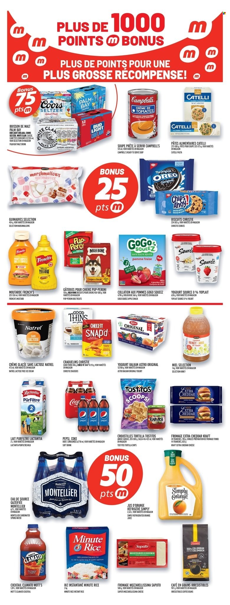 thumbnail - Metro Flyer - March 23, 2023 - March 29, 2023 - Sales products - pie, Mott's, Campbell's, macaroni, soup, pasta, Kraft®, cheese, yoghurt, Yoplait, milk, ice cream, cookies, marshmallows, snack, crackers, biscuit, tortilla chips, chips, Thins, Cheez-It, Tostitos, compote, rice, mustard, salsa, honey, Coca-Cola, Pepsi, Clamato, soft drink, Coke, seltzer water, spring water, water, coffee, coffee beans, beer, Bud Light, Pup-Peroni, Oreo, Coors. Page 15.