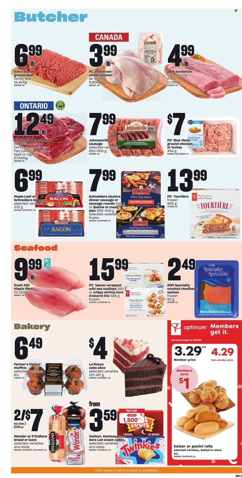thumbnail - Zehrs Flyer - March 23, 2023 - March 29, 2023 - Sales products - chair, bread, cake, panini, buns, Sara Lee, muffin, salmon, scallops, tilapia, seafood, shrimps, bacon, Johnsonville, sausage, quiche, snack, ground chicken, whole chicken, chicken, turkey, beef meat, beef ribs, ground beef, ribs, pork meat, pork tenderloin, Optimum. Page 3.