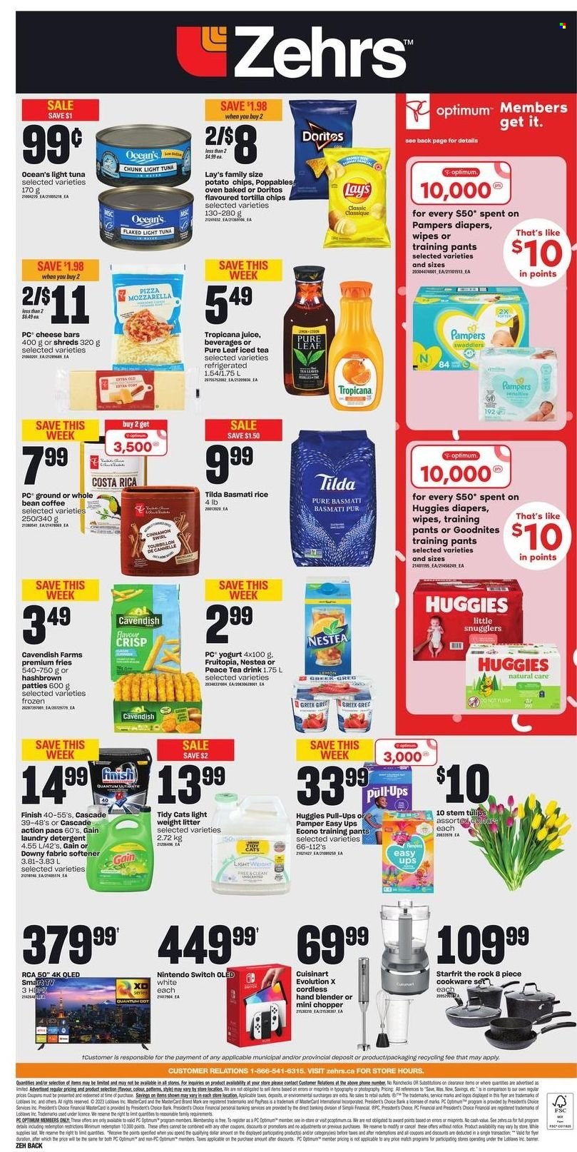 thumbnail - Zehrs Flyer - March 23, 2023 - March 29, 2023 - Sales products - Nintendo Switch, tuna, pizza, yoghurt, potato fries, Doritos, tortilla chips, potato chips, Lay’s, light tuna, basmati rice, rice, cinnamon, juice, ice tea, water, Pure Leaf, coffee, wipes, Pampers, pants, nappies, baby pants, Gain, fabric softener, laundry detergent, Cascade, Downy Laundry, Finish Powerball, Finish Quantum Ultimate, cookware set, handy chopper, mini chopper, Cuisinart, Optimum, Pamper, RCA, TV, tulip, detergent, smart tv, Huggies. Page 10.