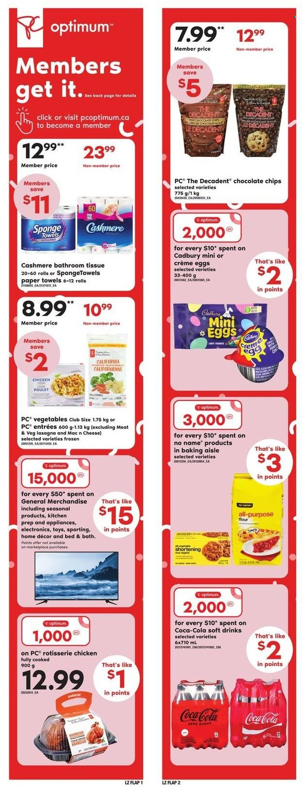 thumbnail - Zehrs Flyer - March 23, 2023 - March 29, 2023 - Sales products - No Name, chicken roast, lasagna meal, Cadbury, chocolate egg, flour, shortening, sugar, Coca-Cola, soft drink, chicken, bath tissue, kitchen towels, paper towels, sponge, Optimum, bed, toys. Page 11.