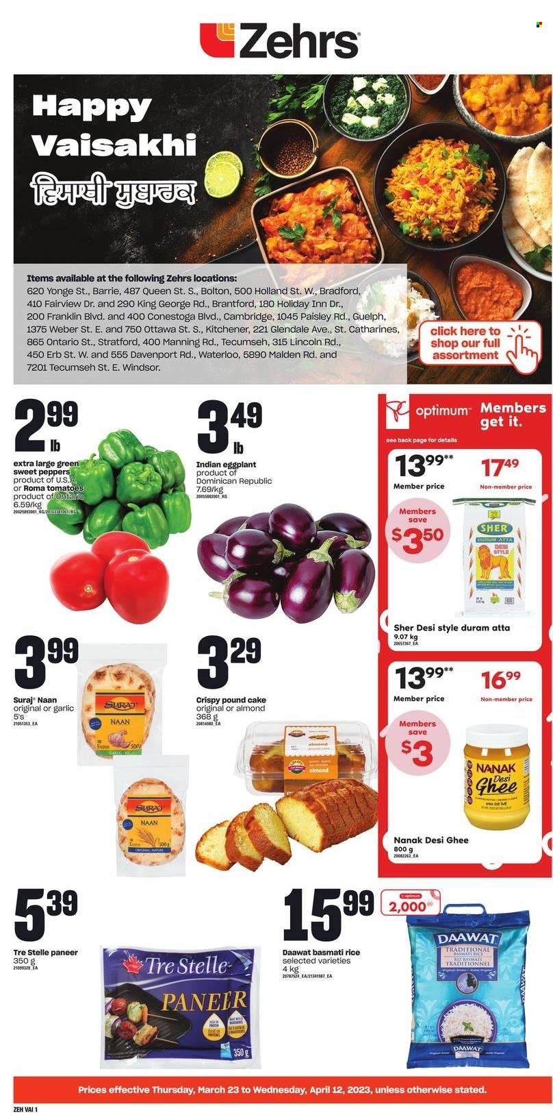 thumbnail - Zehrs Flyer - March 23, 2023 - April 12, 2023 - Sales products - cake, pound cake, garlic, sweet peppers, tomatoes, peppers, eggplant, paneer, ghee, flour, basmati rice, Optimum, Weber. Page 1.