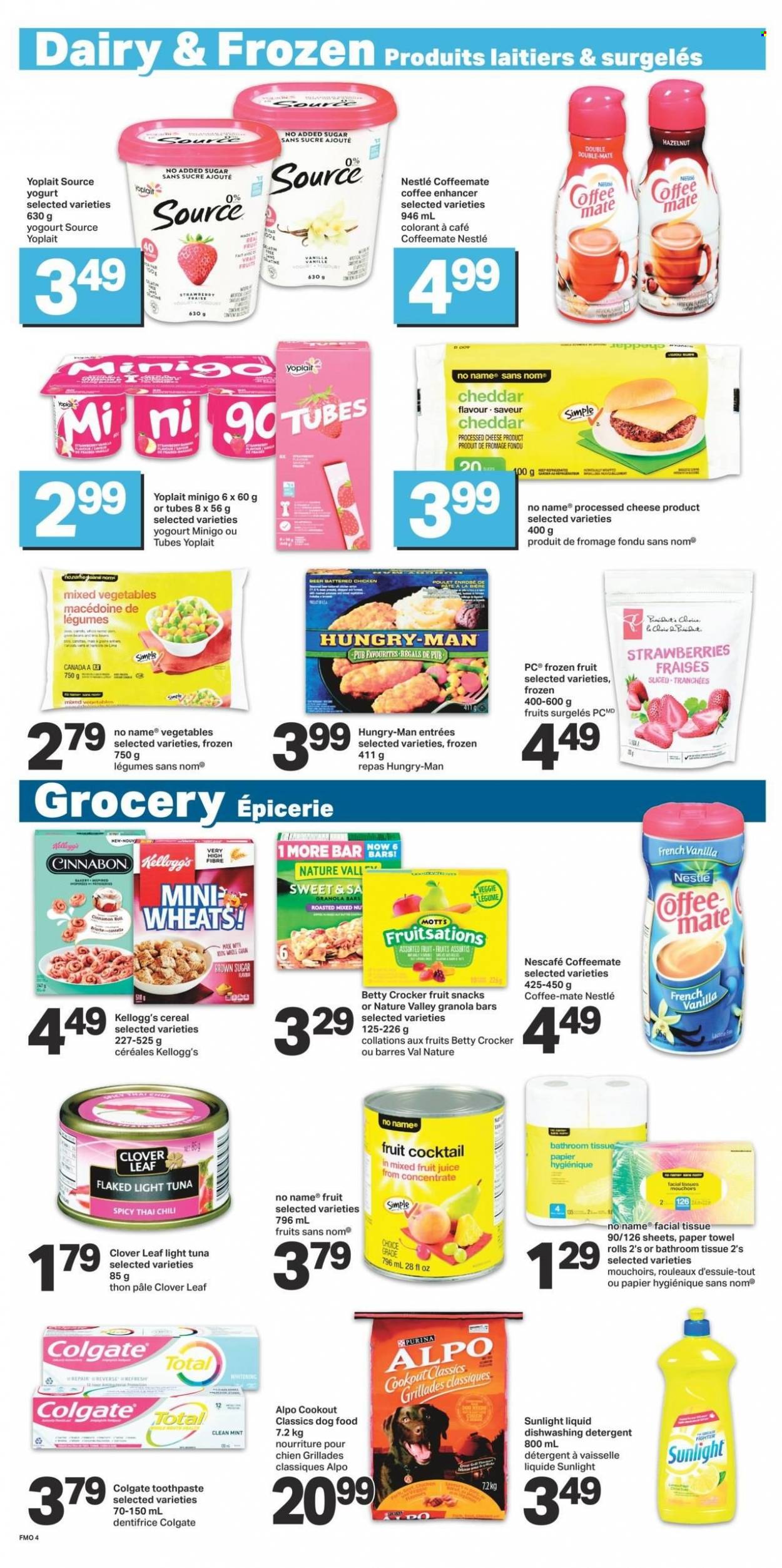 thumbnail - Freshmart Flyer - March 23, 2023 - March 29, 2023 - Sales products - cinnamon roll, strawberries, Mott's, No Name, cheddar, Président, yoghurt, Clover, Yoplait, Coffee-Mate, mixed vegetables, Kellogg's, fruit snack, cane sugar, light tuna, cereals, granola bar, Nature Valley, juice, fruit juice, beer, chicken, bath tissue, paper towels, Sunlight, toothpaste, facial tissues, animal food, dog food, Purina, Alpo, detergent, Colgate, Nestlé, Nescafé. Page 4.