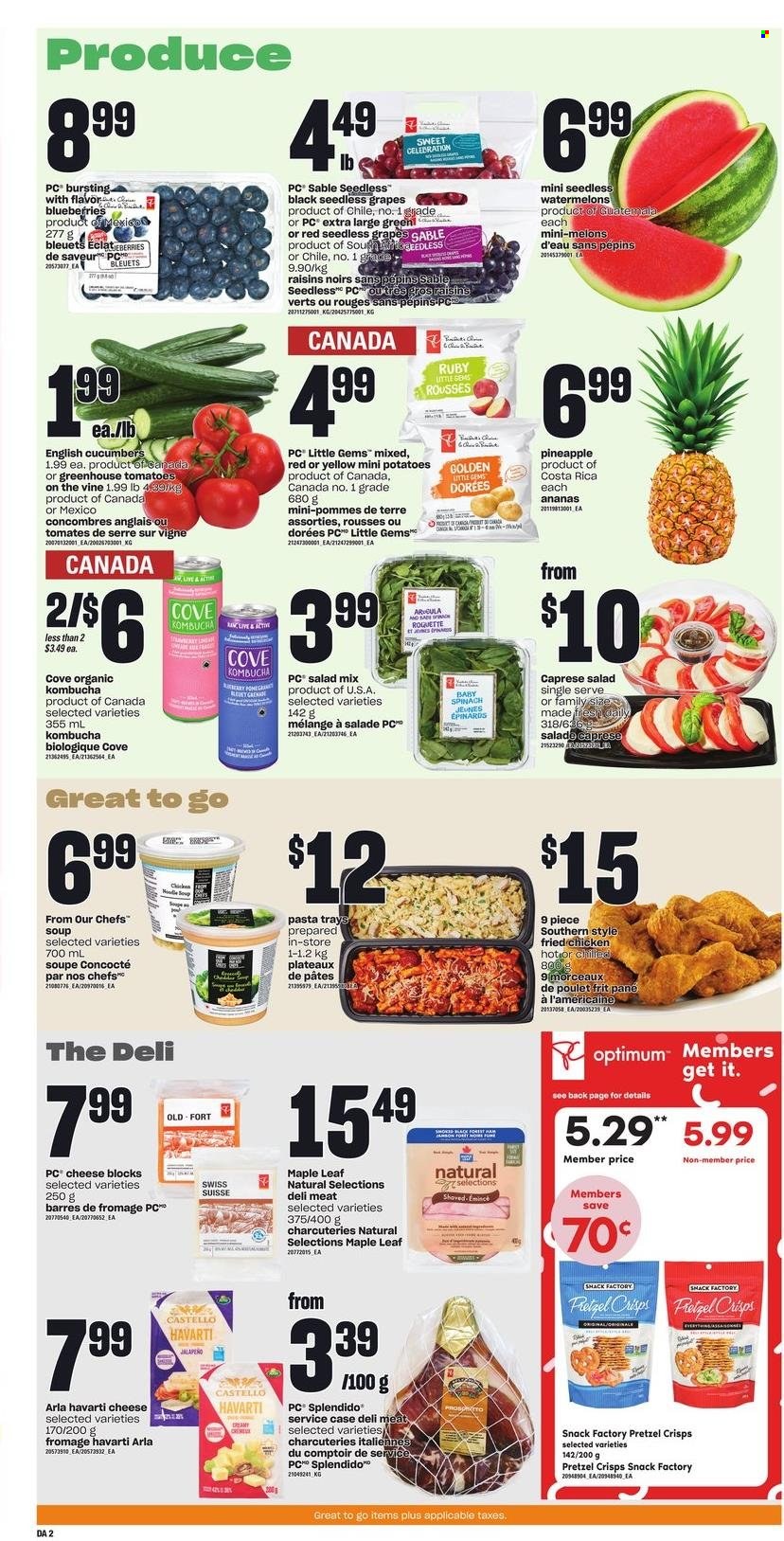 thumbnail - Dominion Flyer - March 23, 2023 - March 29, 2023 - Sales products - cucumber, spinach, potatoes, salad, jalapeño, blueberries, grapes, seedless grapes, pineapple, melons, soup, pasta, fried chicken, Havarti, cheese, Arla, snack, Celebration, pretzel crisps, dried fruit, kombucha, chicken, Optimum, toys, greenhouse, raisins. Page 2.