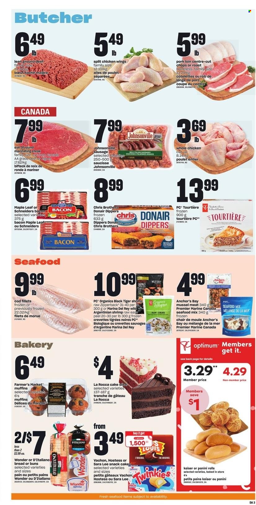 thumbnail - Dominion Flyer - March 23, 2023 - March 29, 2023 - Sales products - chair, bread, cake, panini, buns, Sara Lee, muffin, cod, mussels, seafood, shrimps, roast, bacon, Johnsonville, sausage, chicken wings, snack, BROTHERS, whole chicken, chicken, beef meat, ground beef, steak, eye of round, pork loin, pork meat, Optimum, cart. Page 3.