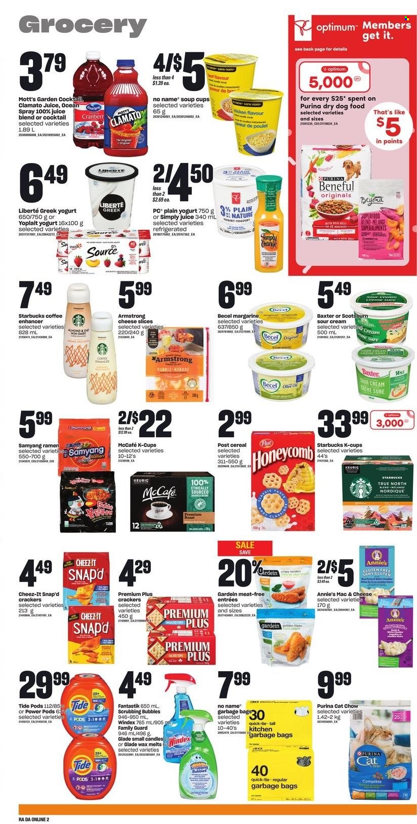 thumbnail - Dominion Flyer - March 23, 2023 - March 29, 2023 - Sales products - Mott's, No Name, ramen, soup, Annie's, roast, sliced cheese, greek yoghurt, yoghurt, Yoplait, margarine, sour cream, crackers, Cheez-It, oats, cereals, juice, Clamato, coffee, coffee capsules, Starbucks, McCafe, K-Cups, Keurig, Windex, Scrubbing Bubbles, Tide, Sure, bag, candle, Glade, animal food, dry dog food, dog food, Purina, Optimum. Page 6.