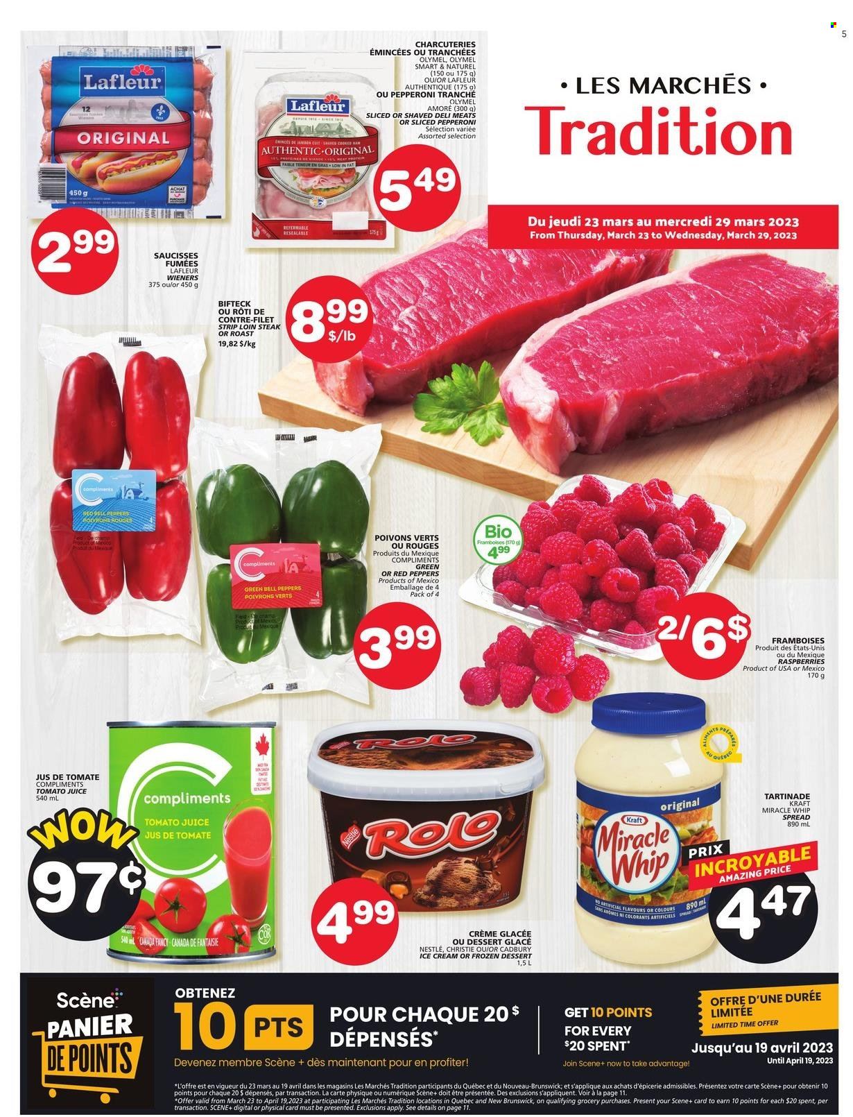 thumbnail - Les Marchés Tradition Flyer - March 23, 2023 - March 29, 2023 - Sales products - bell peppers, peppers, red peppers, Kraft®, roast, pepperoni, Miracle Whip, ice cream, Mars, Cadbury, tomato juice, juice, steak, Nestlé. Page 1.