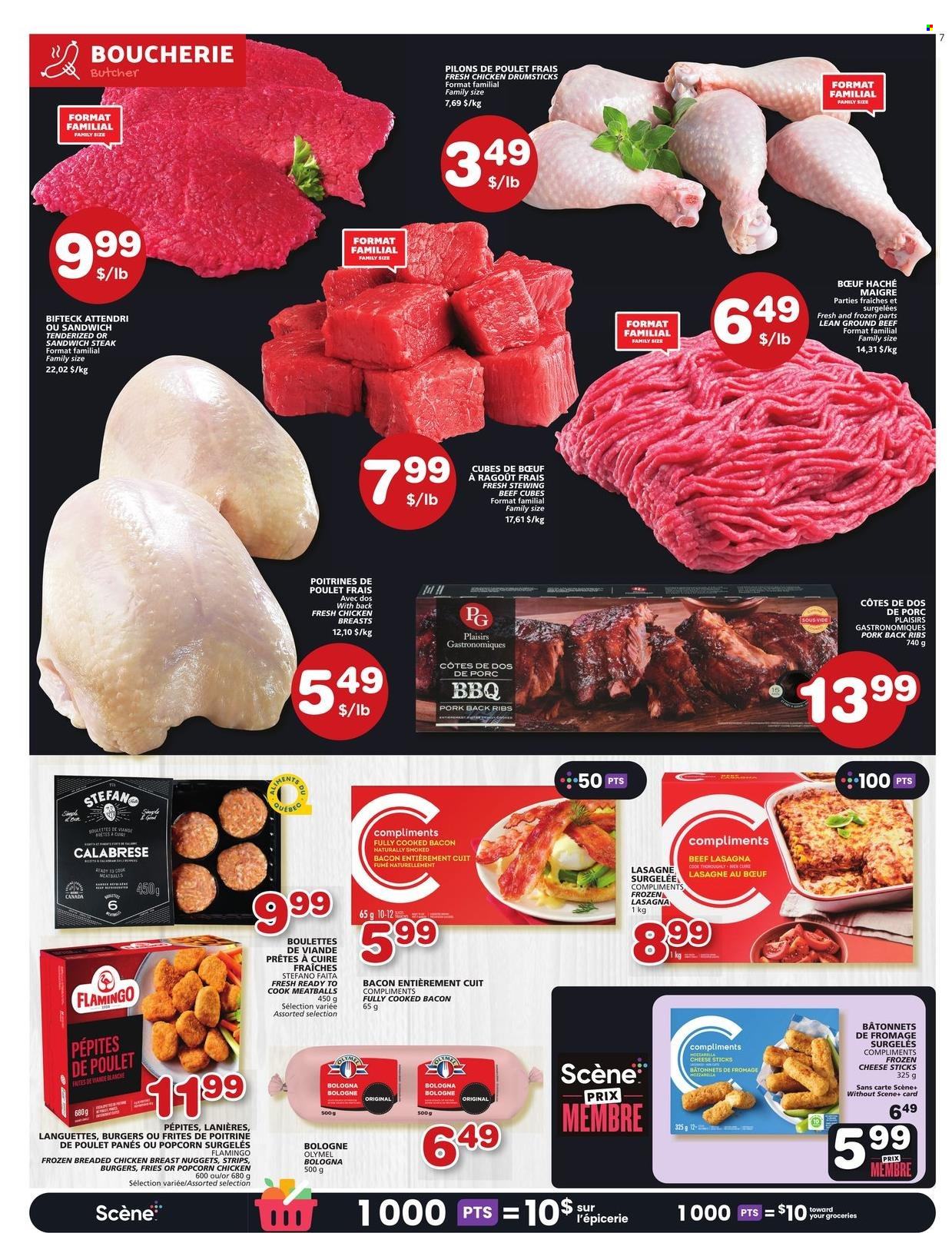 thumbnail - Les Marchés Tradition Flyer - March 23, 2023 - March 29, 2023 - Sales products - meatballs, sandwich, nuggets, hamburger, fried chicken, chicken nuggets, lasagna meal, bacon, bologna sausage, cheese, strips, cheese sticks, potato fries, popcorn, chicken breasts, chicken drumsticks, chicken, beef meat, ground beef, steak, stewing beef, ribs, pork meat, pork ribs, pork back ribs. Page 3.