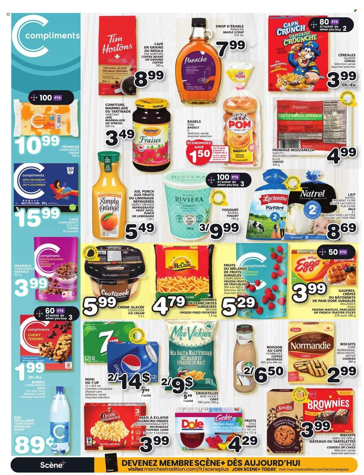 thumbnail - Les Marchés Tradition Flyer - March 23, 2023 - March 29, 2023 - Sales products - bagels, cake, Sara Lee, brownies, waffles, corn, potatoes, Dole, pizza, Quaker, yoghurt, milk, ice cream, McCain, cookies, chocolate chips, Kellogg's, biscuit, sugar, cereals, maple syrup, fruit jam, syrup, lemonade, Pepsi, juice, fruit juice, 7UP, sparkling water, water, coffee beans, ground coffee, Starbucks, punch, Natrol, granola. Page 6.