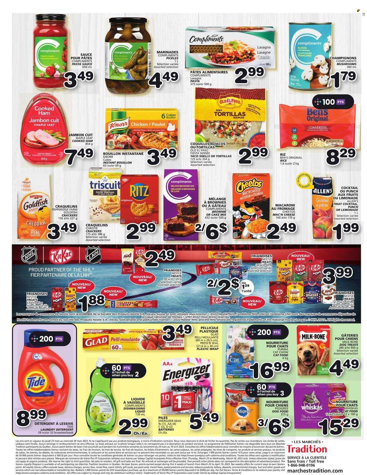 thumbnail - Les Marchés Tradition Flyer - March 23, 2023 - March 29, 2023 - Sales products - mushrooms, tortillas, Old El Paso, tacos, brownie mix, cake mix, pasta sauce, macaroni, cooked ham, ham, milk, Mars, KitKat, crackers, RITZ, Cheetos, Goldfish, bouillon, pickles, rice, lemonade, punch, chicken, Tide, laundry detergent, dishwashing liquid, animal food, cat food, dog food, Purina, Pedigree, detergent, Energizer, Nestlé, Knorr, Whiskas, Smarties. Page 8.