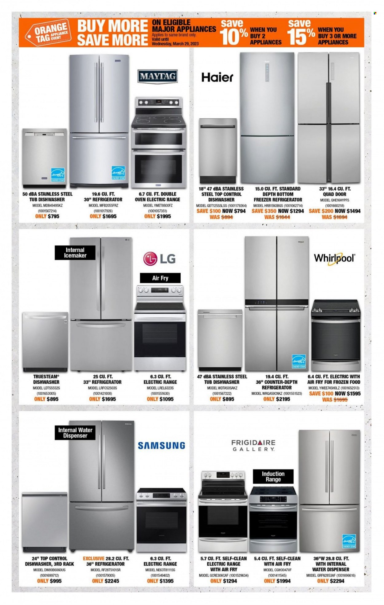 thumbnail - The Home Depot Flyer - March 23, 2023 - March 29, 2023 - Sales products - dispenser, Samsung, freezer, refrigerator, fridge, Whirlpool, oven, electric range, dishwasher, Maytag, LG, Haier. Page 5.