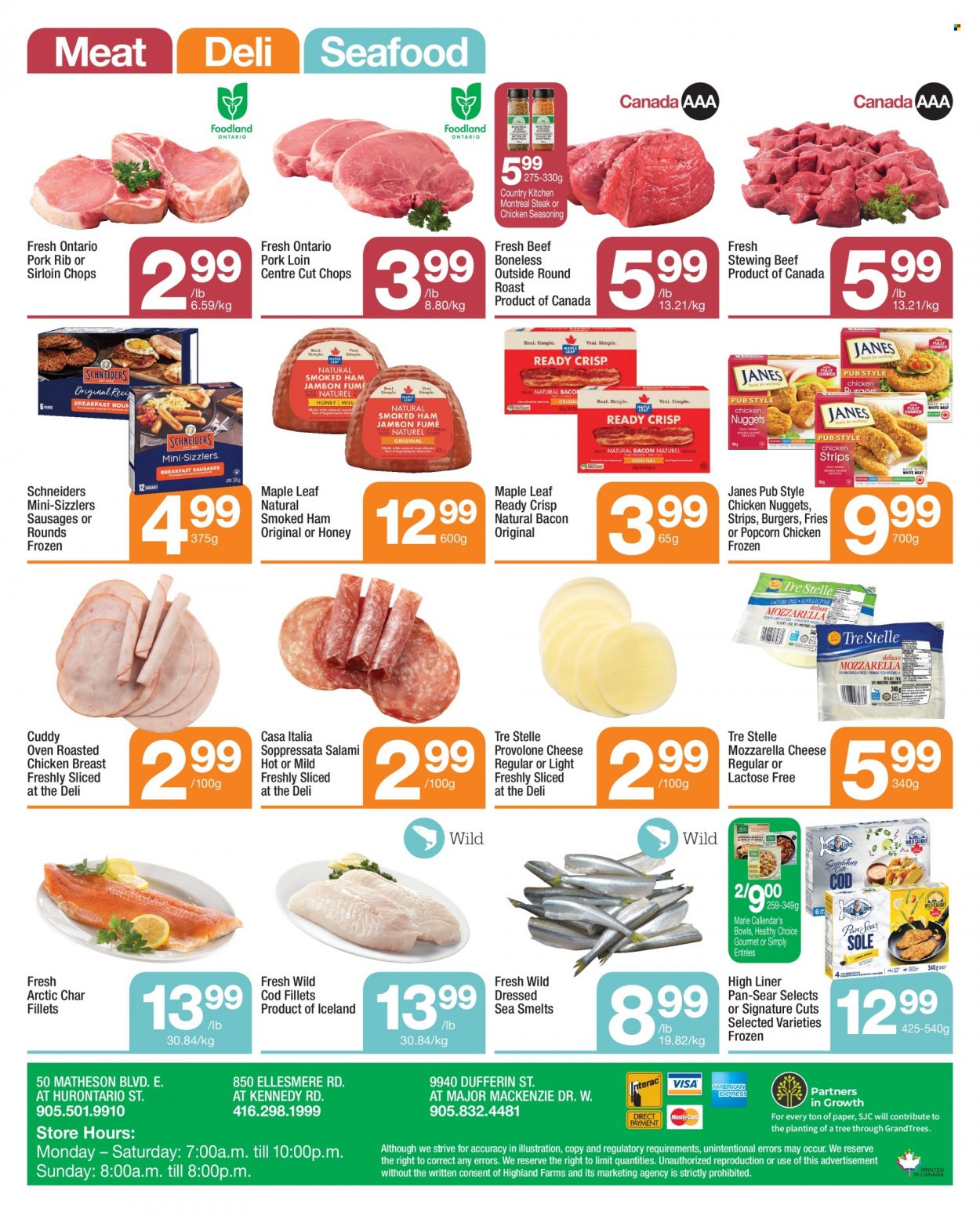 thumbnail - Highland Farms Flyer - March 23, 2023 - March 29, 2023 - Sales products - cod, seafood, chicken roast, nuggets, hamburger, chicken nuggets, Healthy Choice, roast, bacon, salami, soppressata, ham, smoked ham, sausage, cheese, Provolone, strips, potato fries, popcorn, spice, chicken breasts, beef meat, steak, round roast, stewing beef, pork loin, pork meat, mozzarella. Page 4.