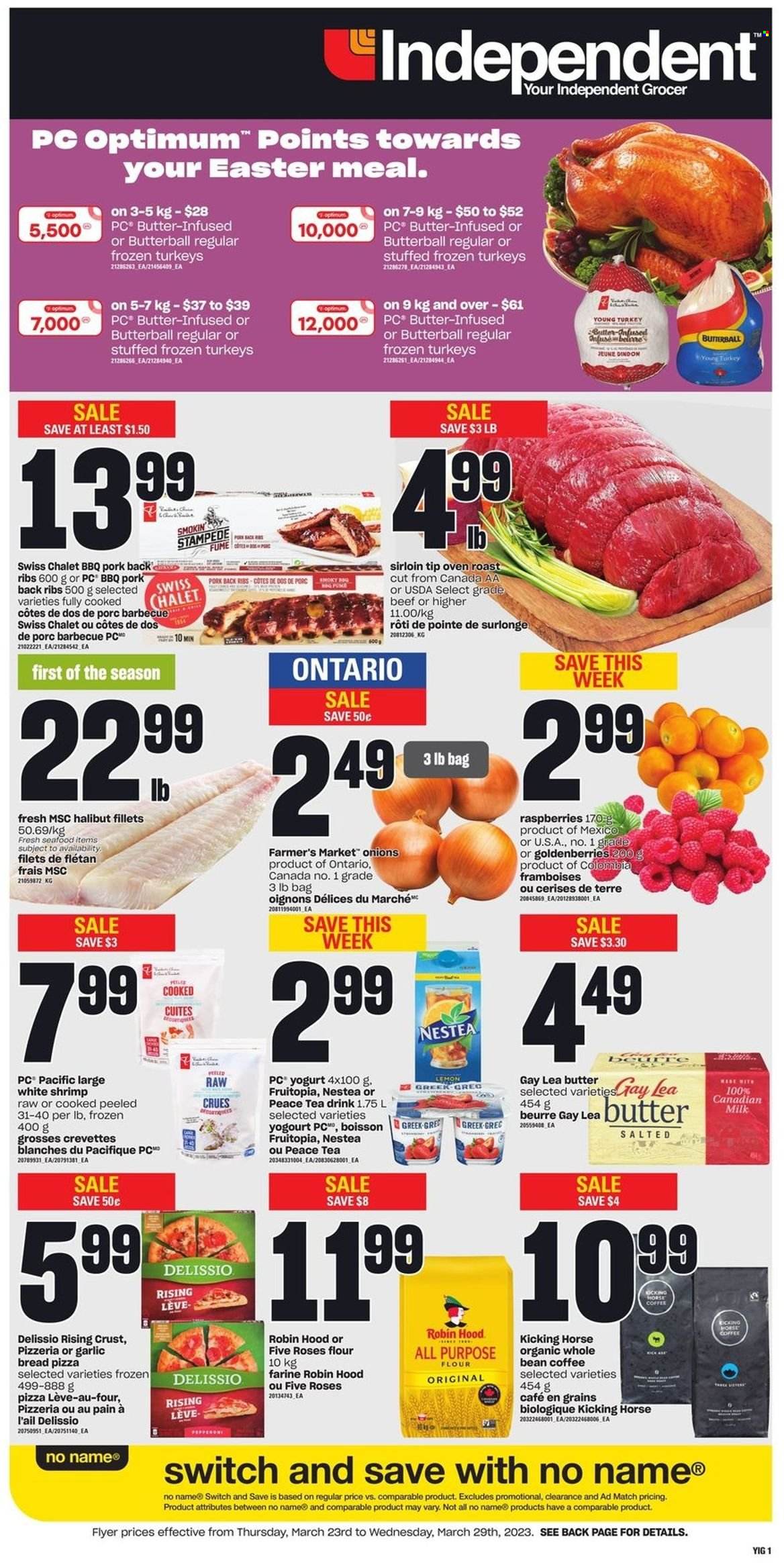 thumbnail - Independent Flyer - March 23, 2023 - March 29, 2023 - Sales products - bread, onion, halibut, seafood, shrimps, No Name, pizza, roast, Butterball, pepperoni, yoghurt, milk, all purpose flour, flour, tea, coffee, turkey, ribs, pork meat, pork ribs, pork back ribs, Optimum. Page 1.