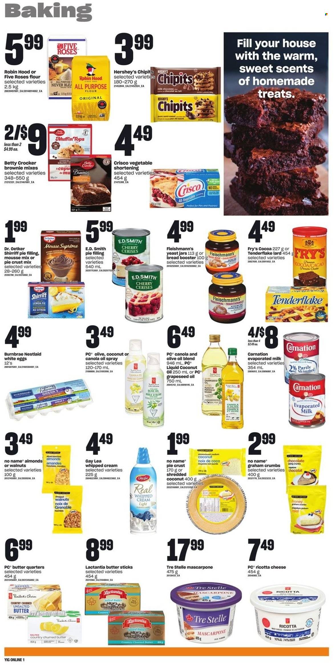 thumbnail - Independent Flyer - March 23, 2023 - March 29, 2023 - Sales products - bread, brownies, muffin, cherries, coconut, No Name, cheese, Dr. Oetker, evaporated milk, eggs, yeast, salted butter, whipped cream, Hershey's, milk chocolate, chocolate, cocoa, Crisco, flour, shortening, pie crust, pie filling, canola oil, olive oil, oil, grape seed oil, honey, almonds, walnuts, shredded coconut, jar, Omega-3, lard, mascarpone, ricotta. Page 5.
