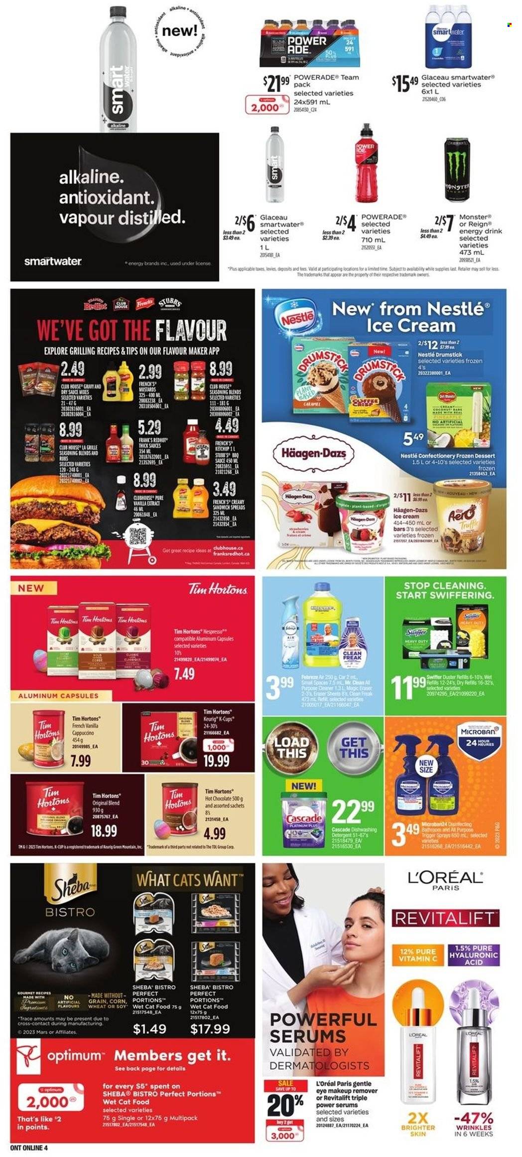 thumbnail - Independent Flyer - March 23, 2023 - March 29, 2023 - Sales products - corn, sandwich, Häagen-Dazs, Mars, vanilla extract, spice, BBQ sauce, caramel, Powerade, energy drink, Monster, Smartwater, hot chocolate, cappuccino, Nespresso, coffee capsules, K-Cups, Keurig, Green Mountain, Febreze, cleaner, Swiffer, Cascade, L’Oréal, makeup remover, duster, eraser, animal food, cat food, Optimum, wet cat food, vitamin c, detergent, Nestlé, ketchup. Page 9.