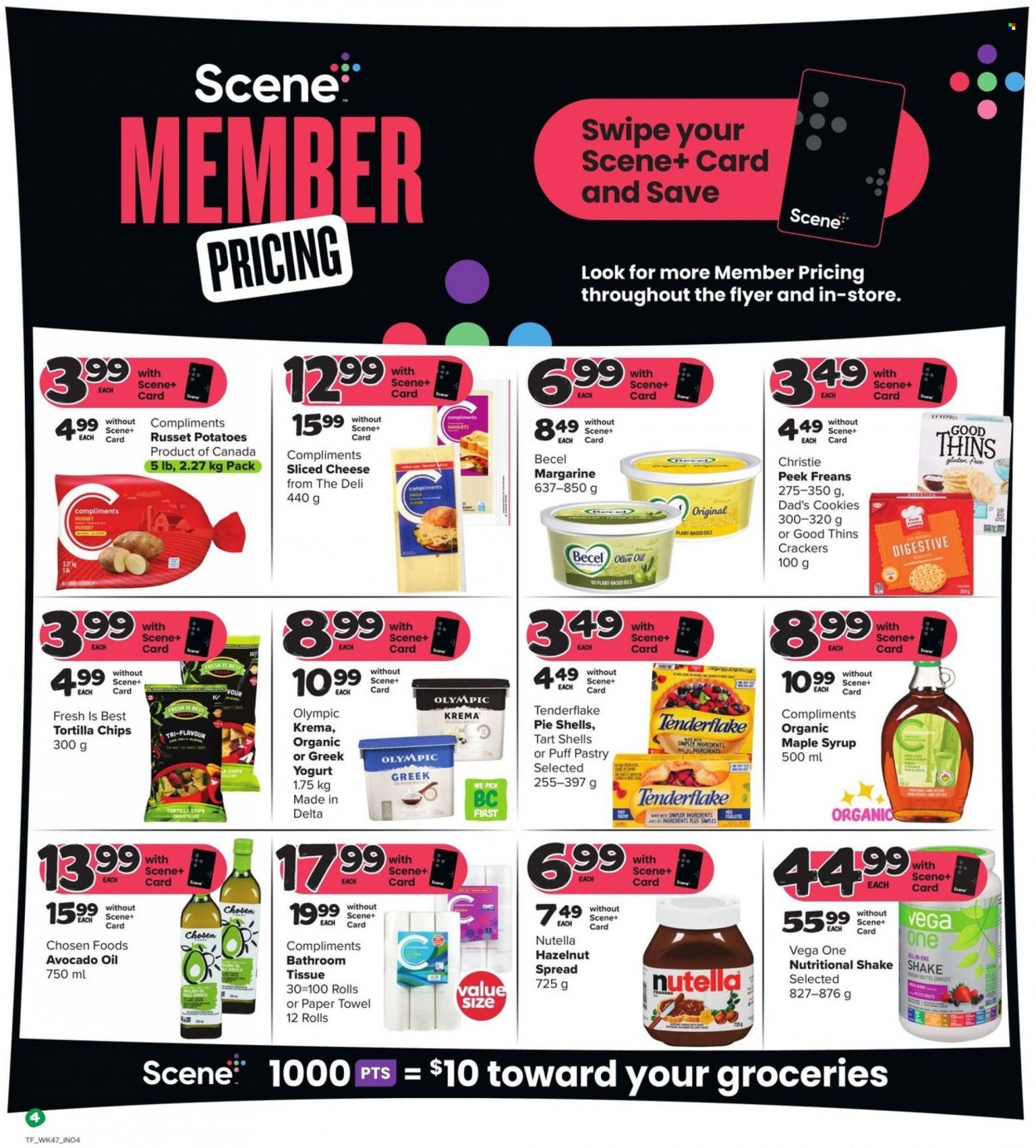 thumbnail - Thrifty Foods Flyer - March 23, 2023 - March 29, 2023 - Sales products - russet potatoes, potatoes, sliced cheese, Havarti, greek yoghurt, yoghurt, shake, margarine, cookies, crackers, Digestive, tortilla chips, chips, Thins, avocado oil, olive oil, maple syrup, syrup, hazelnut spread, bath tissue, paper towels, Nutella, Ferrero Rocher. Page 5.
