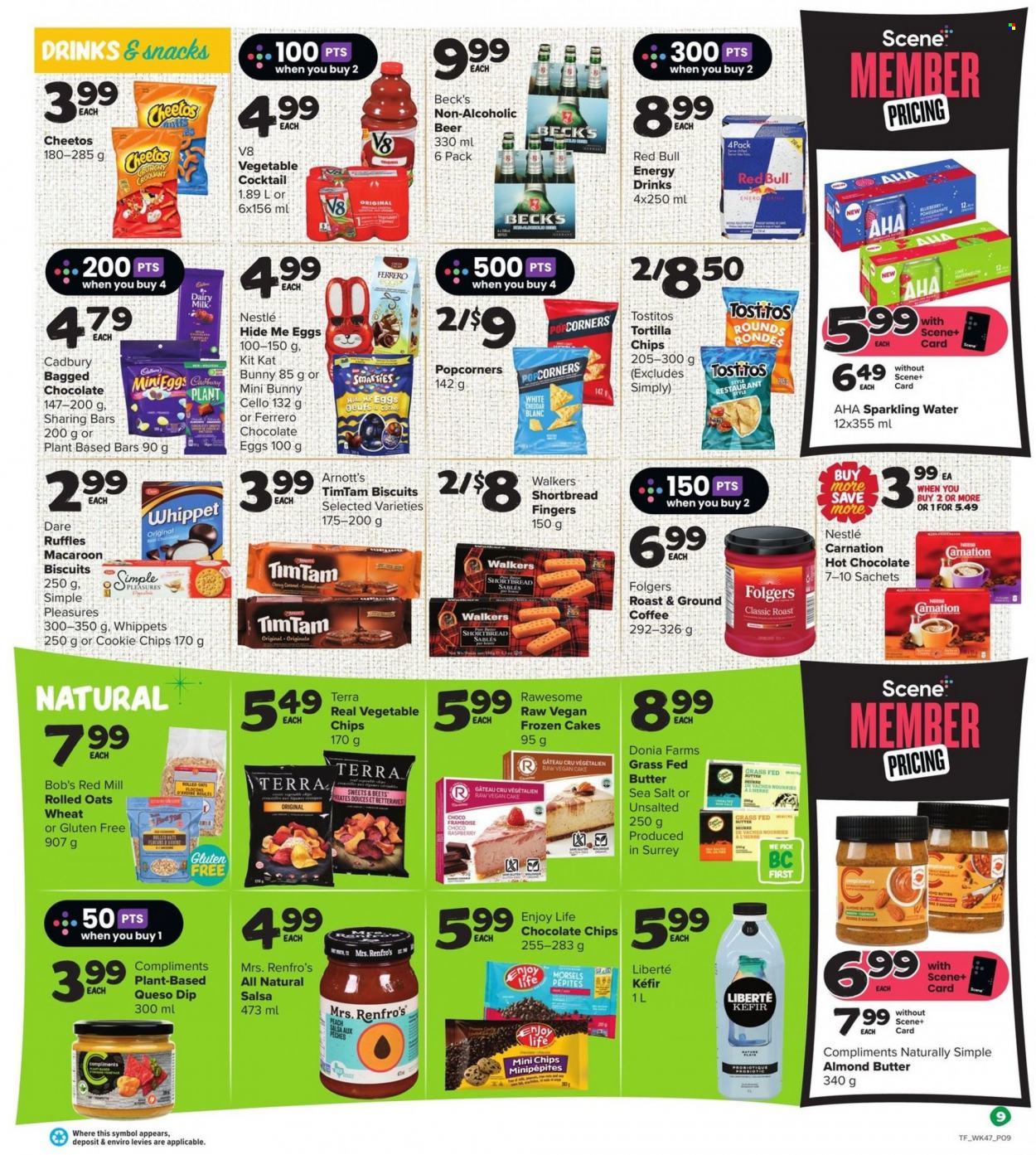 thumbnail - Thrifty Foods Flyer - March 23, 2023 - March 29, 2023 - Sales products - cake, roast, cheese, kefir, almond butter, dip, frozen cakes, KitKat, biscuit, Cadbury, Dairy Milk, chocolate egg, tortilla chips, Cheetos, popcorn, vegetable chips, Ruffles, Tostitos, oats, rolled oats, caramel, salsa, energy drink, Red Bull, sparkling water, water, hot chocolate, coffee, Folgers, ground coffee, beer, Beck's, Nestlé, Ferrero Rocher, Smarties. Page 14.