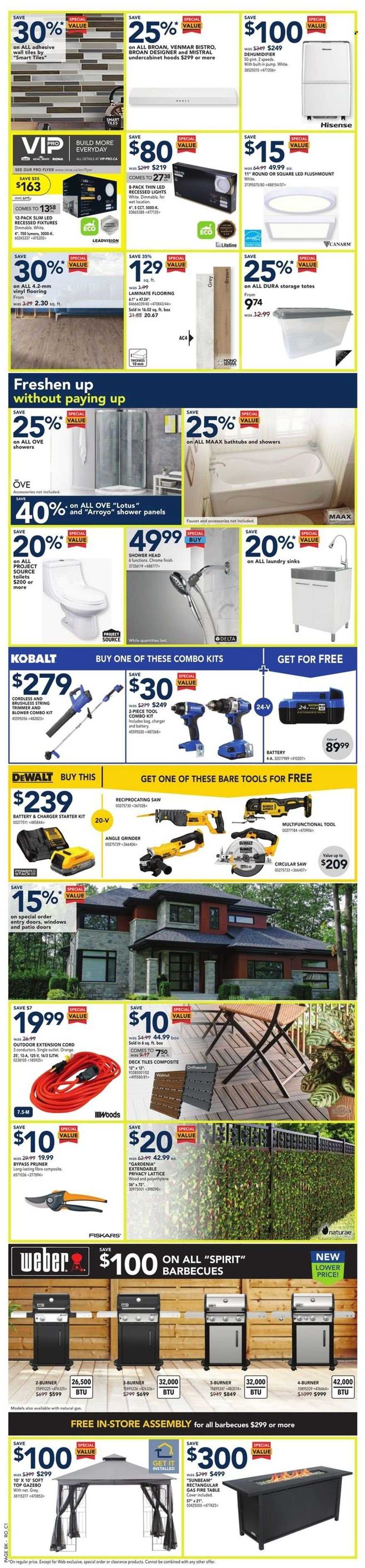 thumbnail - RONA Flyer - March 23, 2023 - March 29, 2023 - Sales products - Fiskars, Sunbeam, Hisense, grinder, trimmer, table, Lotus, tote, toilet, faucet, showerhead, adhesive, laminate floor, DeWALT, circular saw, saw, angle grinder, reciprocating saw, string trimmer, combo kit, extension cord, gazebo, Weber, pump. Page 2.