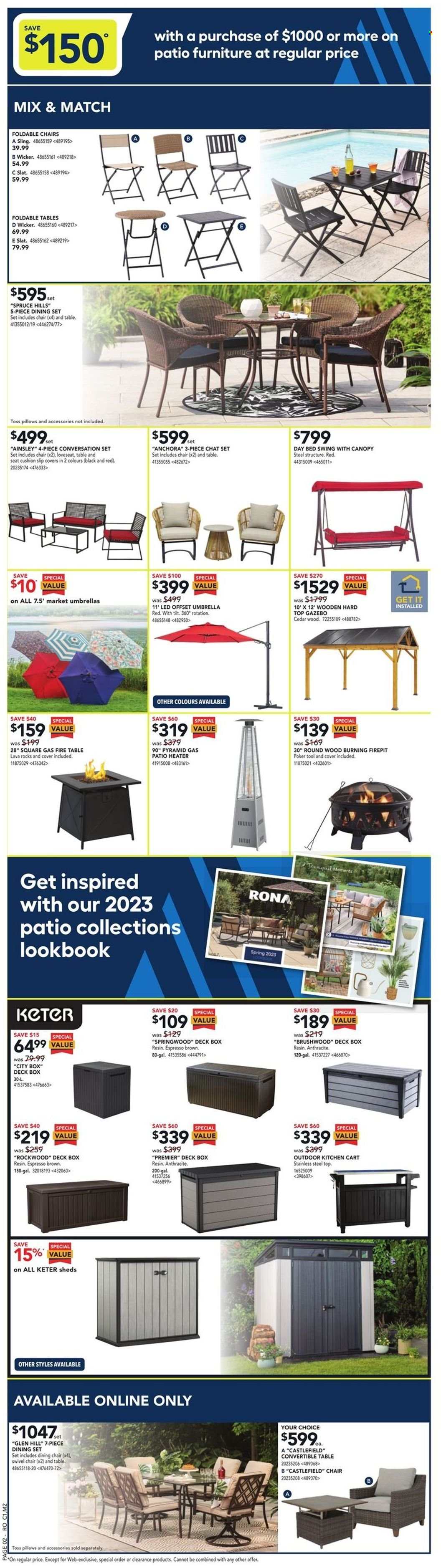thumbnail - RONA Flyer - March 23, 2023 - March 29, 2023 - Sales products - chair pad, cushion, linens, pillow, kitchen cart, dining set, table, chair, dining chair, loveseat, swivel chair, bed, patio furniture, heater, cart, gazebo. Page 3.