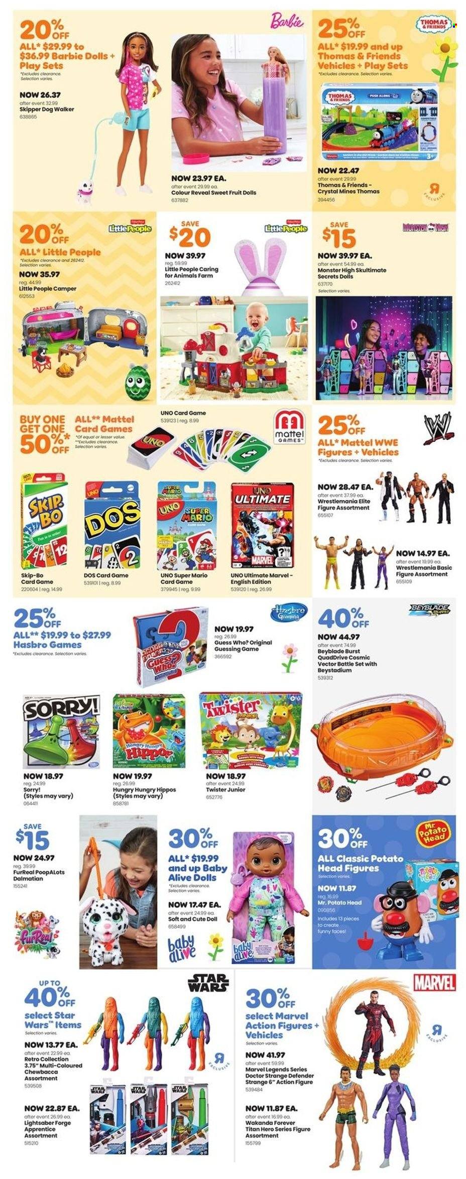 thumbnail - Toys''R''Us Flyer - March 23, 2023 - April 05, 2023 - Sales products - Barbie, Little People, Thomas & Friends, doll, FurReal, Mattel, play set, Hasbro, Monster, Guess Who, BeyBlade, Twister, Monster High, Ultimate Marvel. Page 2.