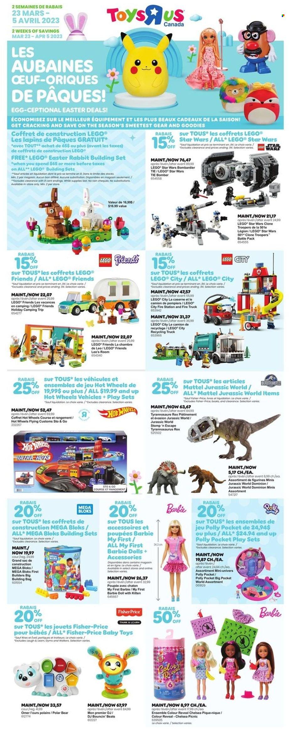 thumbnail - Toys''R''Us Flyer - March 23, 2023 - April 05, 2023 - Sales products - bag, Barbie, building set, doll, LEGO, Mattel, Mega Bloks, rabbit, play set, toys, Hot Wheels, Fisher-Price, LEGO City, LEGO Friends, LEGO Star Wars. Page 1.