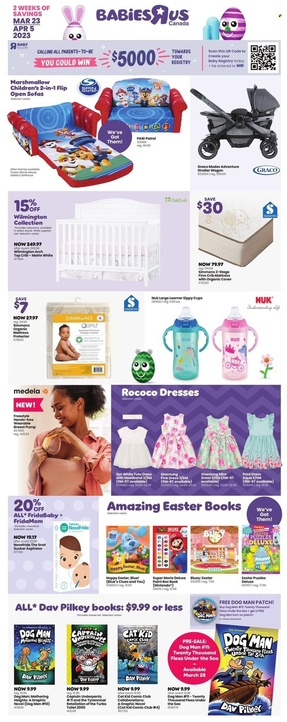 thumbnail - Toys''R''Us Flyer - March 23, 2023 - April 05, 2023 - Sales products - mattress protector, Minnie Mouse, crib, mattress, pump, wagon, Paw Patrol, Nuk, breast pump, underpants, puzzle. Page 1.