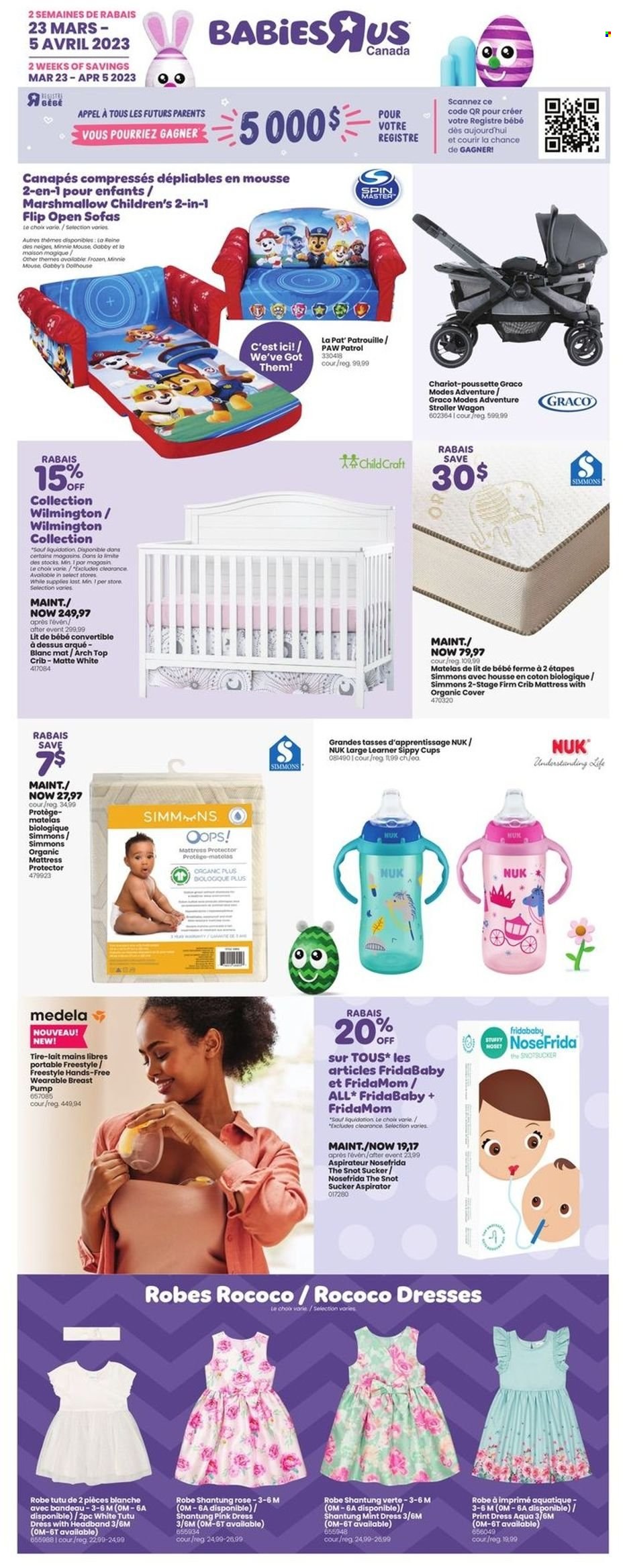thumbnail - Toys''R''Us Flyer - March 23, 2023 - April 05, 2023 - Sales products - mattress protector, Minnie Mouse, crib, mattress, pump, wagon, Paw Patrol, costume, Nuk. Page 1.