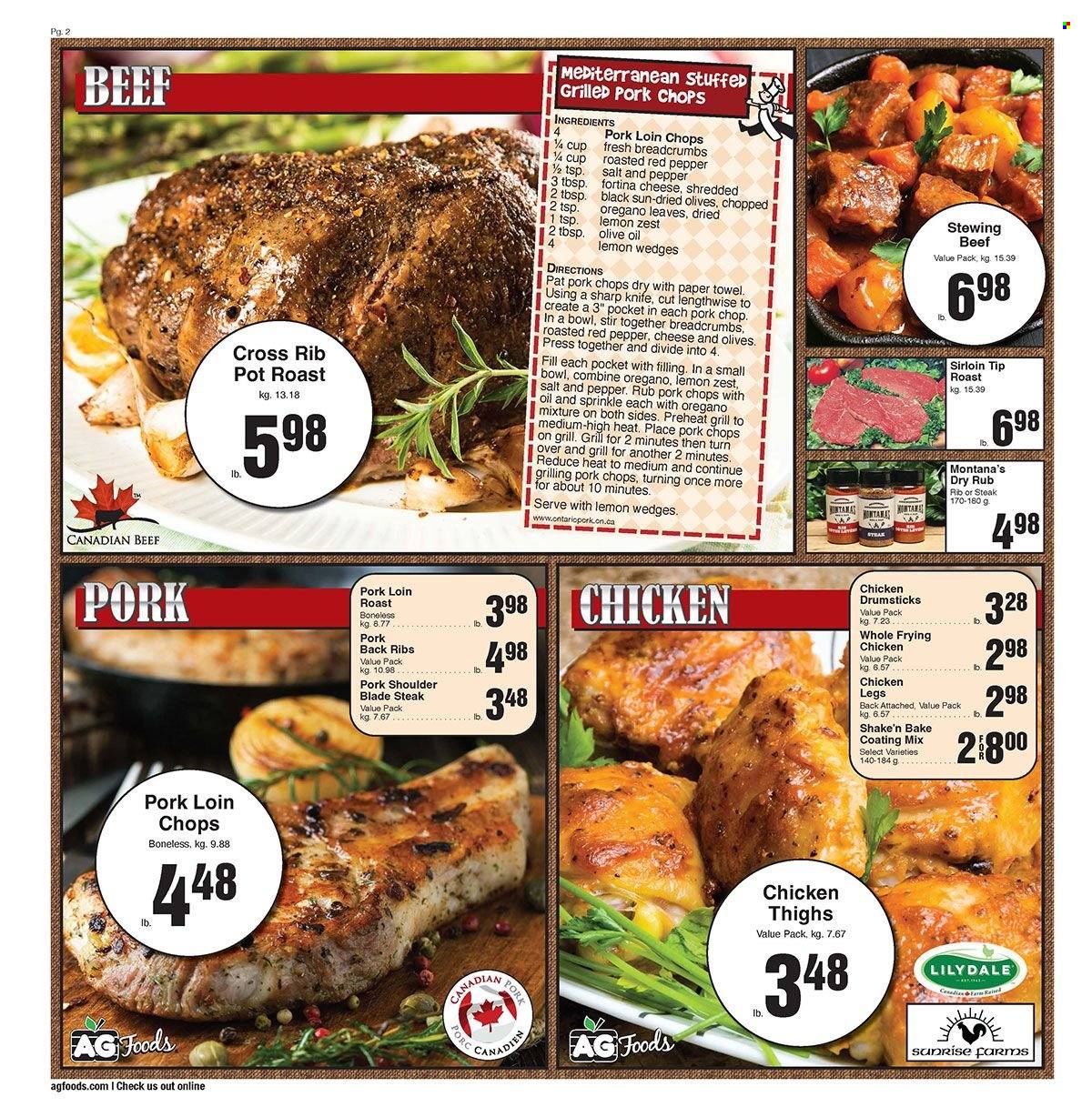 thumbnail - AG Foods Flyer - March 19, 2023 - March 25, 2023 - Sales products - roast, cheese, olive oil, chicken thighs, chicken drumsticks, chicken, beef meat, steak, stewing beef, ribs, pork chops, pork loin, pork meat, pork ribs, pork shoulder, pork back ribs, paper towels, olives. Page 2.