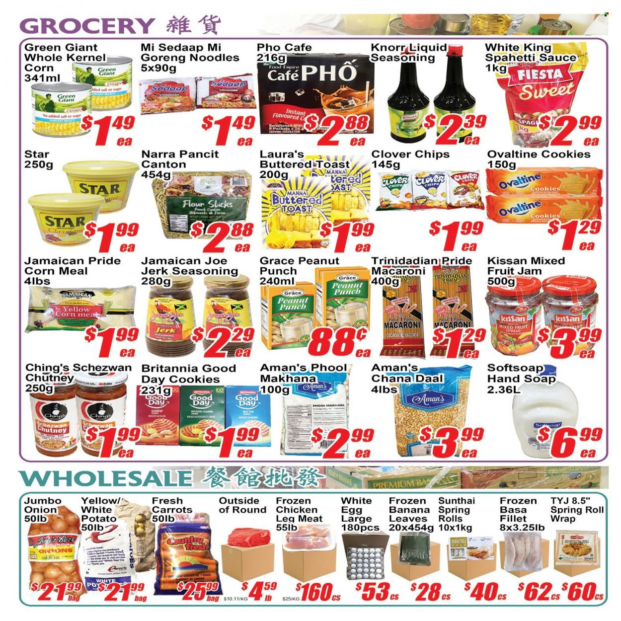thumbnail - Jian Hing Supermarket Flyer - March 24, 2023 - March 30, 2023 - Sales products - carrots, corn, onion, bananas, macaroni, pasta, sauce, noodles, Clover, eggs, cookies, flour, sugar, chana dal, spice, chutney, fruit jam, punch, chicken legs, chicken, Knorr. Page 2.