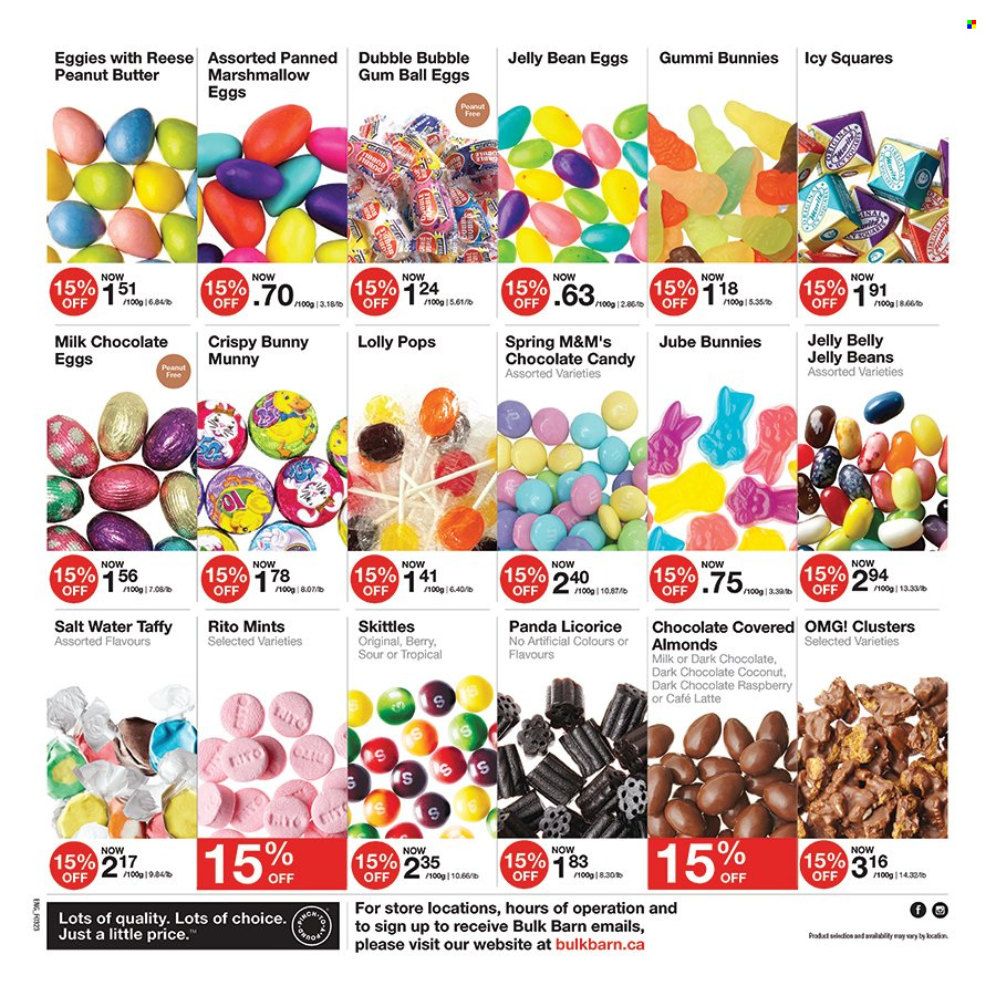 thumbnail - Bulk Barn Flyer - March 23, 2023 - April 09, 2023 - Sales products - coconut, marshmallows, milk chocolate, bubblegum, lollipop, Skittles, jelly beans, chocolate egg, chocolate candies, peanut butter, almonds, water, M&M's. Page 6.