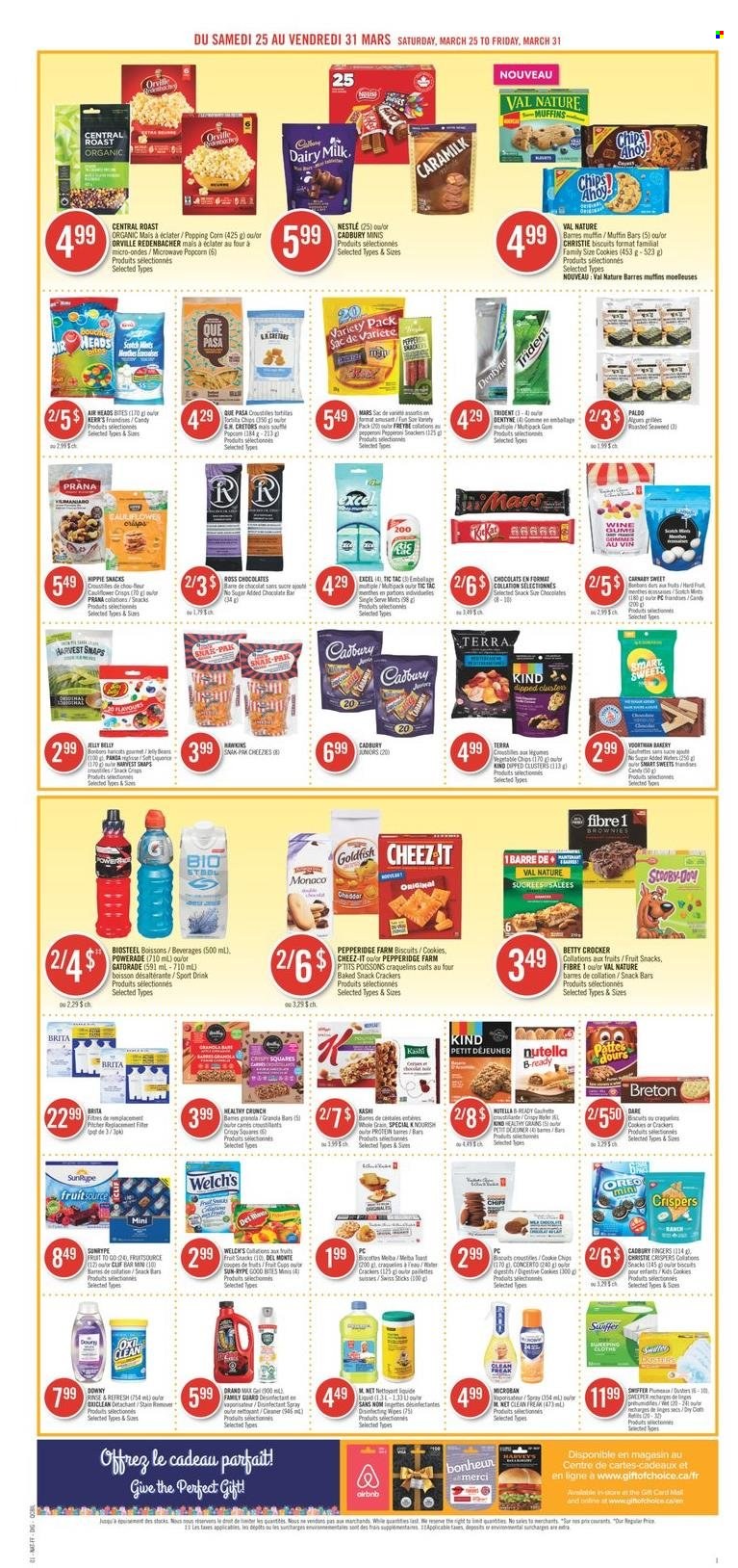 thumbnail - Pharmaprix Flyer - March 25, 2023 - March 31, 2023 - Sales products - brownies, muffin, corn, Welch's, trout, roast, pepperoni, cheese, cookies, chocolate, Mars, jelly, crackers, biscuit, Cadbury, Merci, Dairy Milk, Digestive, Tic Tac, Trident, fruit snack, Chips Ahoy!, snack bar, chips, popcorn, vegetable chips, Goldfish, Cheez-It, seaweed, Harvest Snaps, Del Monte, Powerade, Gatorade, water, wipes, cleaner, Swiffer, antibacterial spray, panda, cart, granola, Nestlé, Nutella, Oreo, desinfection. Page 6.