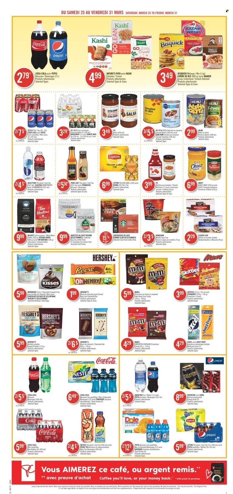 thumbnail - Pharmaprix Flyer - March 25, 2023 - March 31, 2023 - Sales products - pretzels, Dole, oranges, smoked oysters, oysters, soup, noodles cup, Quaker, noodles, Kraft®, parmesan, cheese, Clover, Hershey's, Mars, Skittles, Starburst, chocolate bar, Bisquick, oatmeal, cereals, salsa, Coca-Cola, Sprite, Powerade, Pepsi, energy drink, ice tea, Rockstar, Gatorade, fruit punch, Coke, Aquafina, Smartwater, water, Pure Leaf, coffee, Starbucks, McCafe, bag, cup, Cello, Heinz, ketchup, Lipton. Page 7.