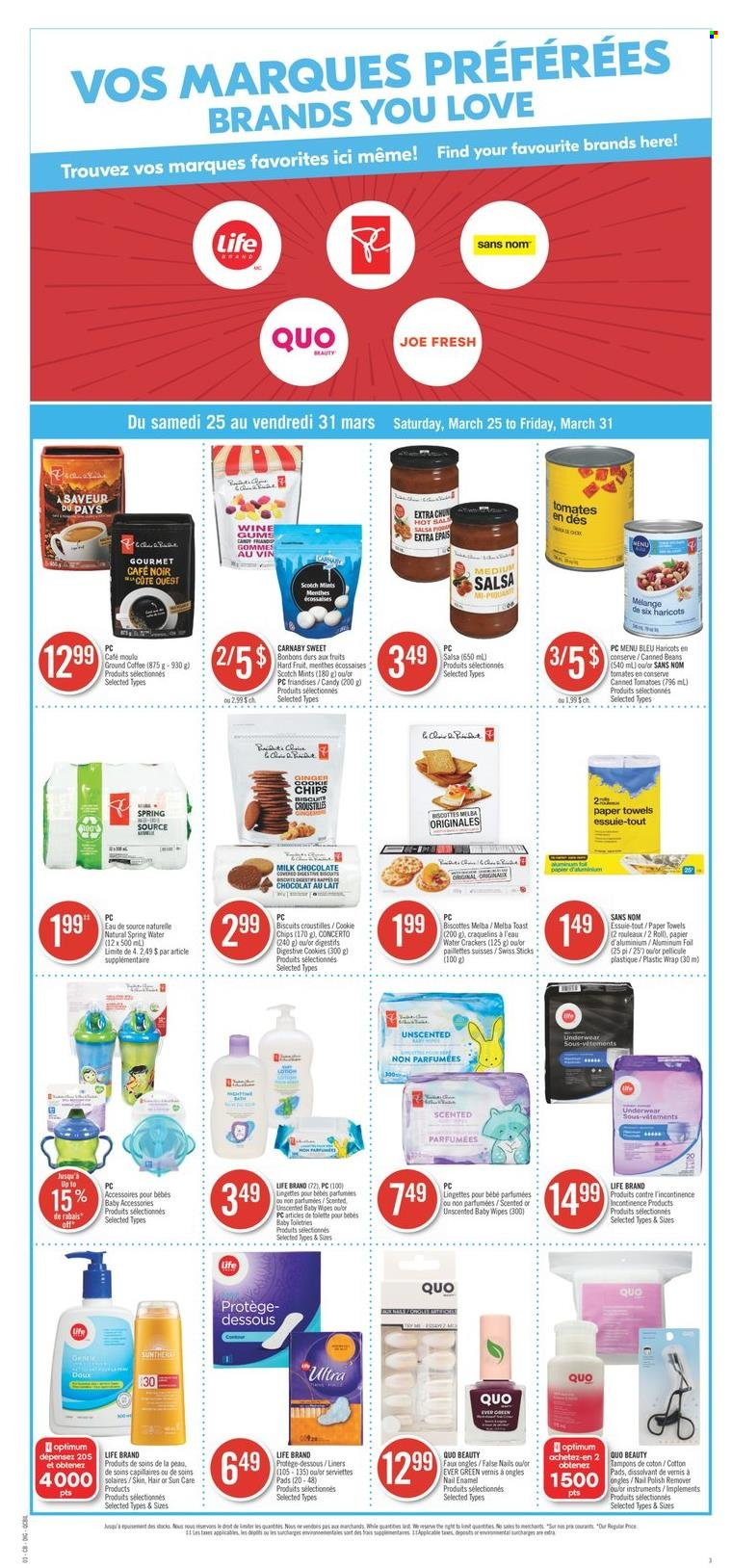 thumbnail - Pharmaprix Flyer - March 25, 2023 - March 31, 2023 - Sales products - chair, ginger, tomatoes, cookies, milk chocolate, Mars, crackers, biscuit, Digestive, chips, salsa, water, coffee, ground coffee, wipes, baby wipes, kitchen towels, paper towels, tampons, nail enamel, nail polish remover, serviettes, aluminium foil, Optimum. Page 10.