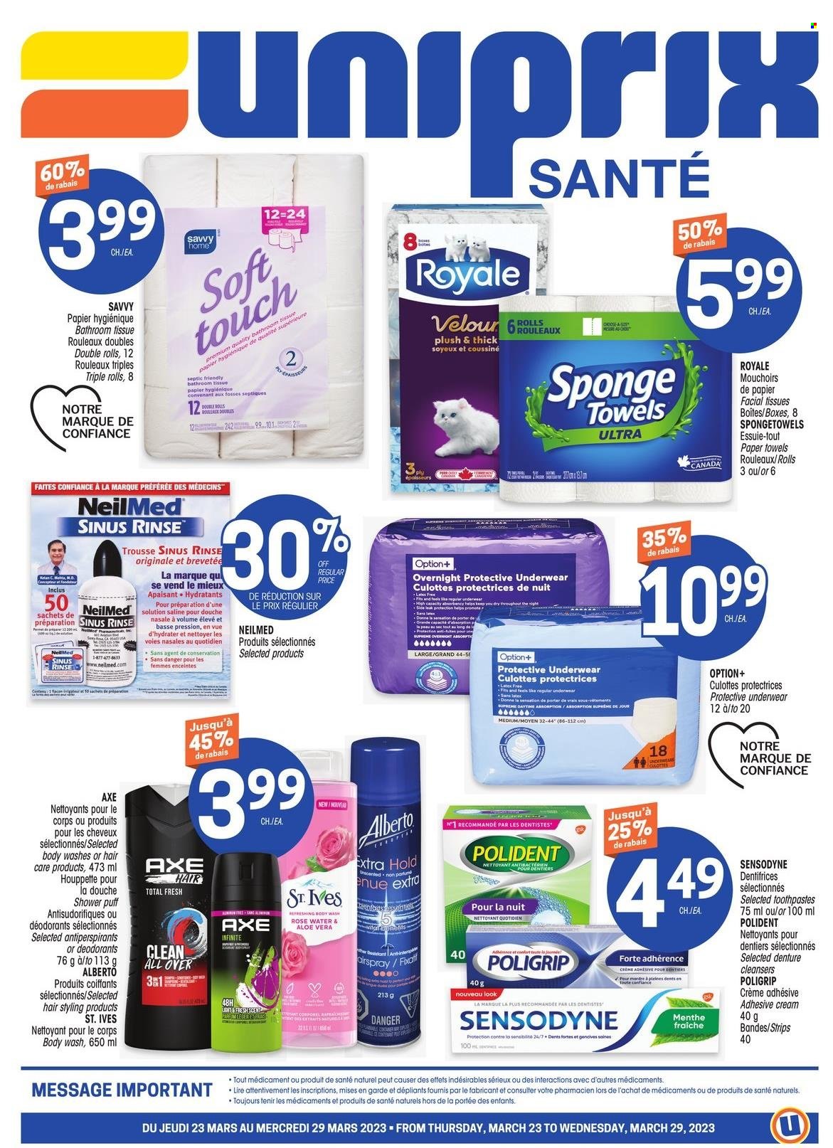 thumbnail - Uniprix Santé Flyer - March 23, 2023 - March 29, 2023 - Sales products - Mars, water, bath tissue, kitchen towels, paper towels, body wash, Polident, facial tissues, Axe, Sensodyne, deodorant. Page 1.