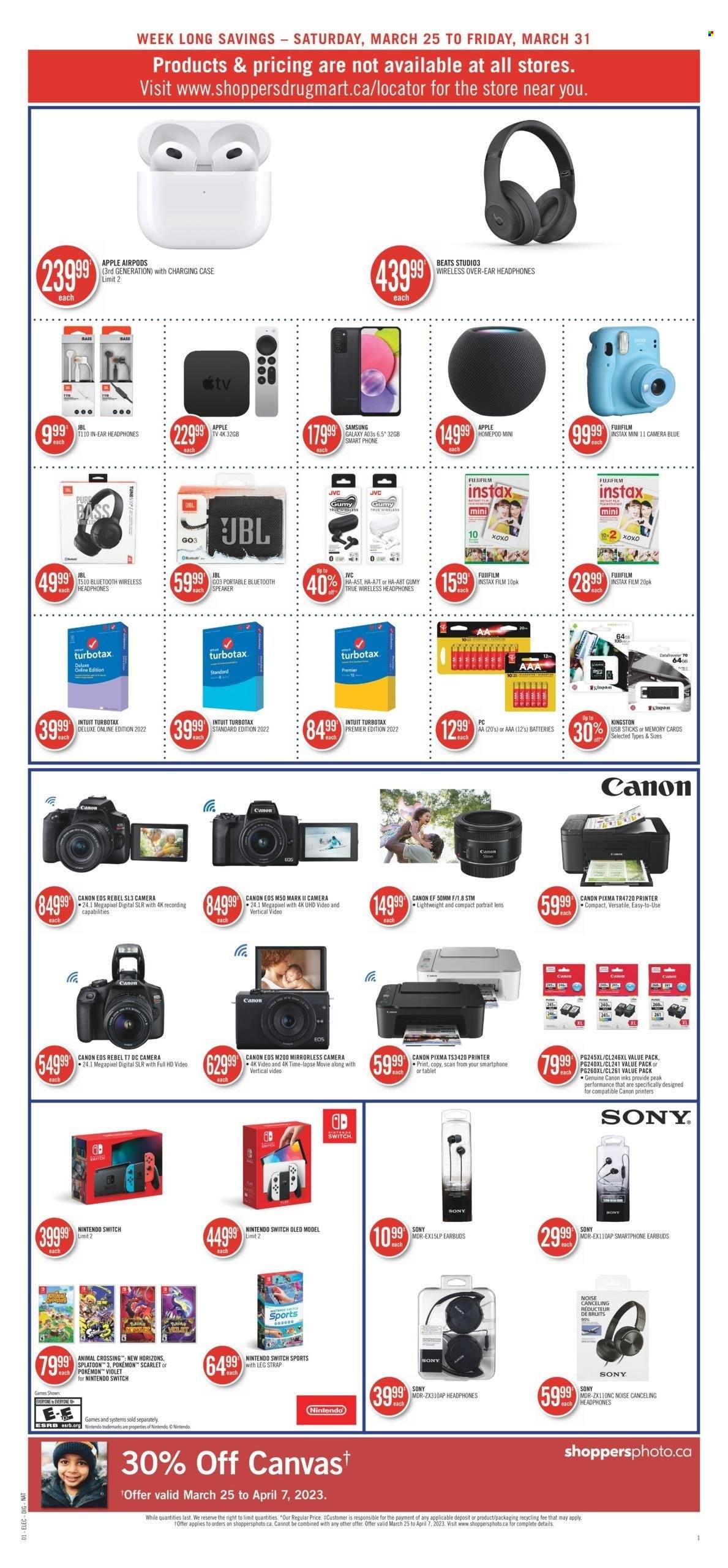 thumbnail - Shoppers Drug Mart Flyer - March 25, 2023 - March 31, 2023 - Sales products - Sony, Nintendo Switch, Apple, Samsung Galaxy, Pokémon, battery, Samsung, lens, mirrorless camera, JVC, fujifilm, speaker, bluetooth speaker, Beats, wireless headphones, headphones, Airpods, earbuds, printer, camera, Canon, JBL. Page 8.