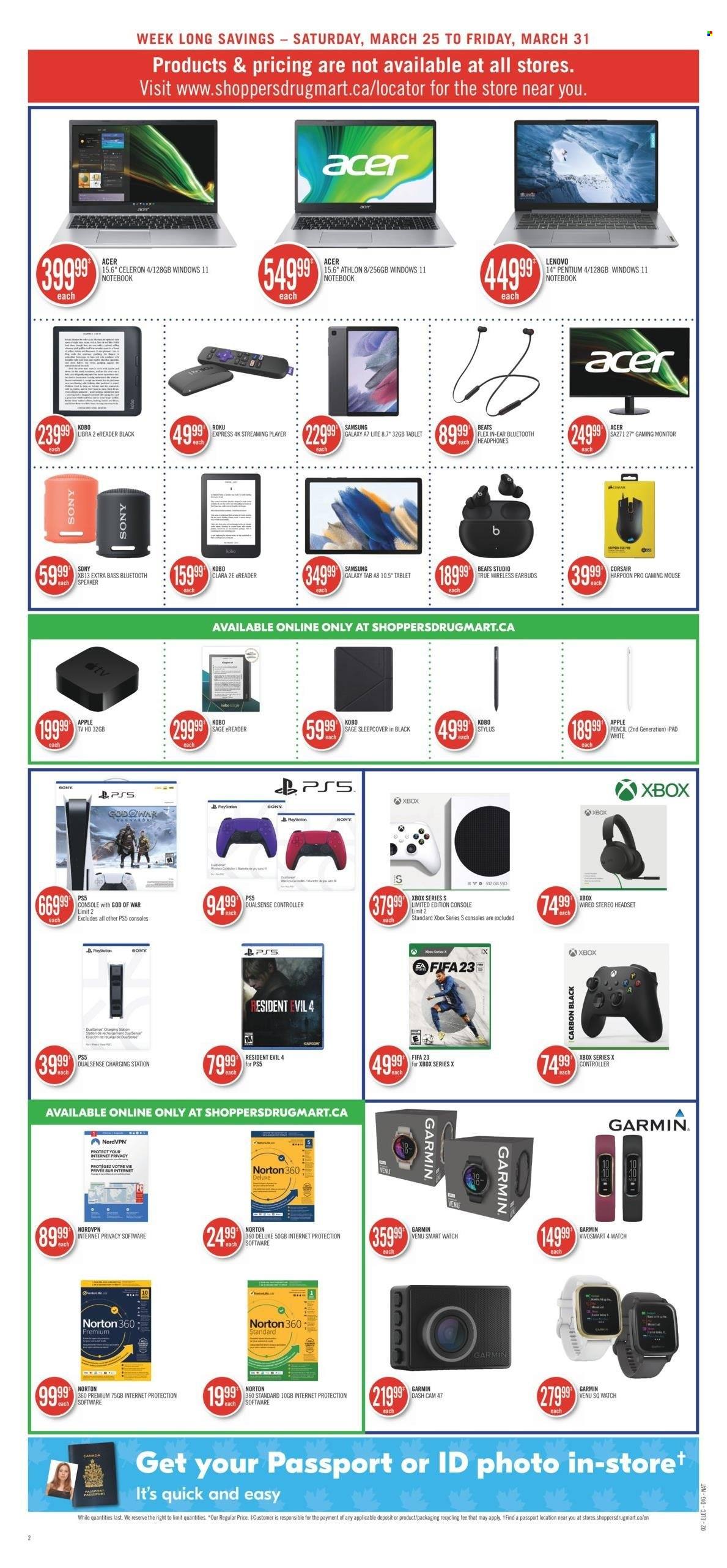 thumbnail - Shoppers Drug Mart Flyer - March 25, 2023 - March 31, 2023 - Sales products - gaming mouse, Sony, tablet, iPad, Apple, Samsung Galaxy, Samsung Galaxy Tab, Samsung, Garmin, smart watch, Apple Pencil, laptop, Corsair, Athlon, mouse, PlayStation, PlayStation 5, Xbox Series X, PS, dashboard camera, speaker, bluetooth speaker, Beats, headset, headphones, earbuds, Acer, Lenovo, Xbox. Page 9.