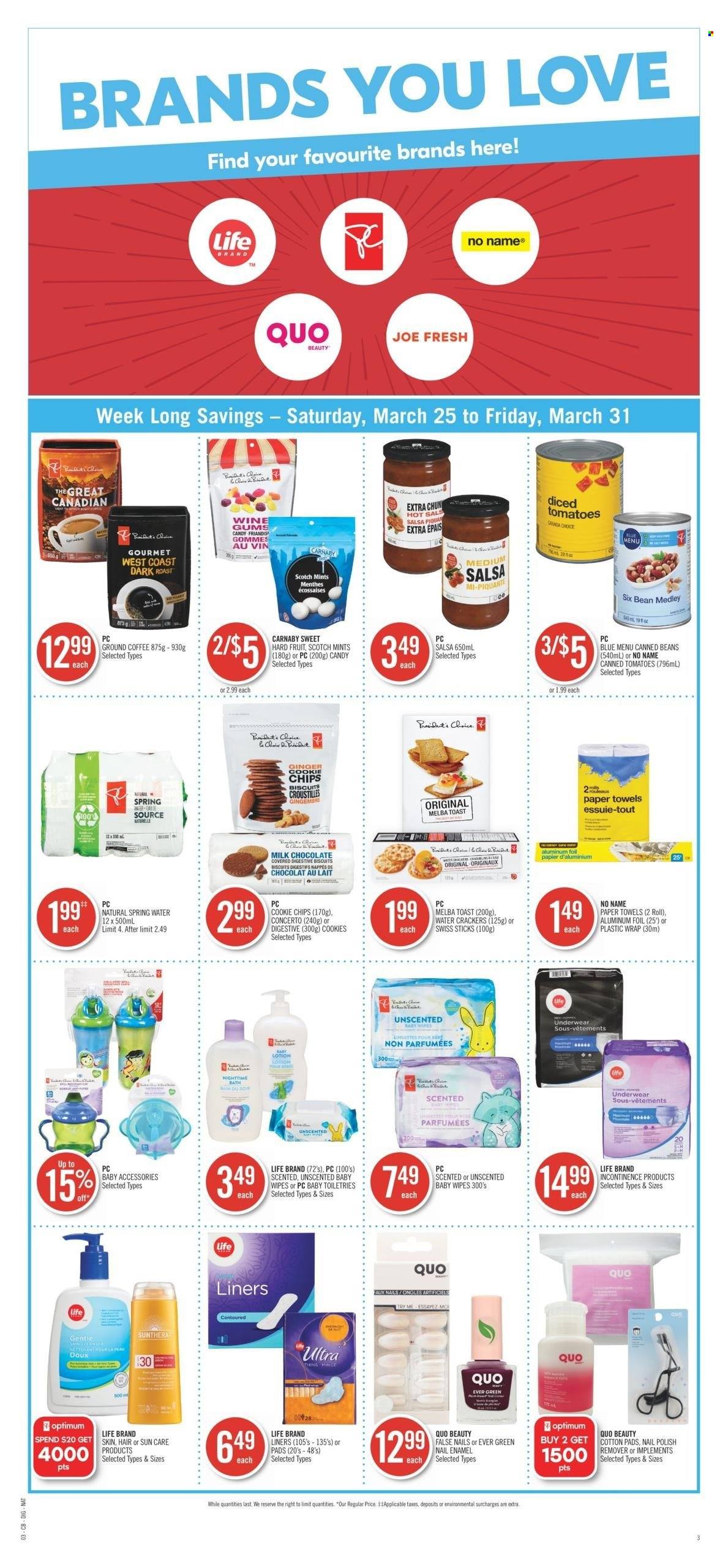 thumbnail - Shoppers Drug Mart Flyer - March 25, 2023 - March 31, 2023 - Sales products - pie, No Name, roast, Président, cookies, milk chocolate, crackers, biscuit, Digestive, chips, Thins, diced tomatoes, ginger, salsa, water, coffee, ground coffee, wipes, baby wipes, kitchen towels, paper towels, body lotion, nail enamel, nail polish remover, aluminium foil, Optimum, underwear. Page 10.