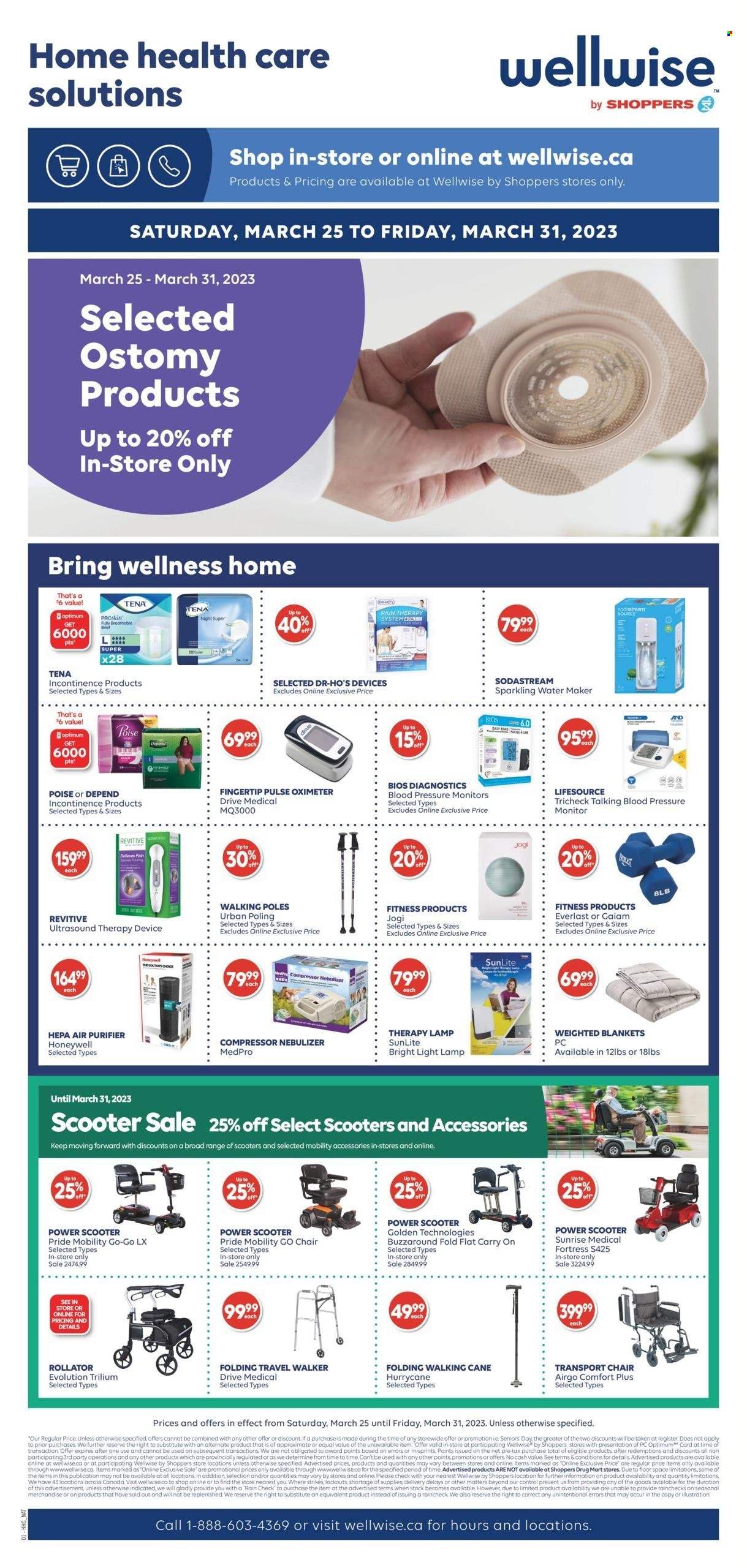 thumbnail - Shoppers Drug Mart Flyer - March 25, 2023 - March 31, 2023 - Sales products - chair, water, SodaStream, blanket, Optimum, pressure monitor, Revitive, air purifier, Honeywell, Everlast, pulse oximeter, nebuliser, rollator, transport chair. Page 19.