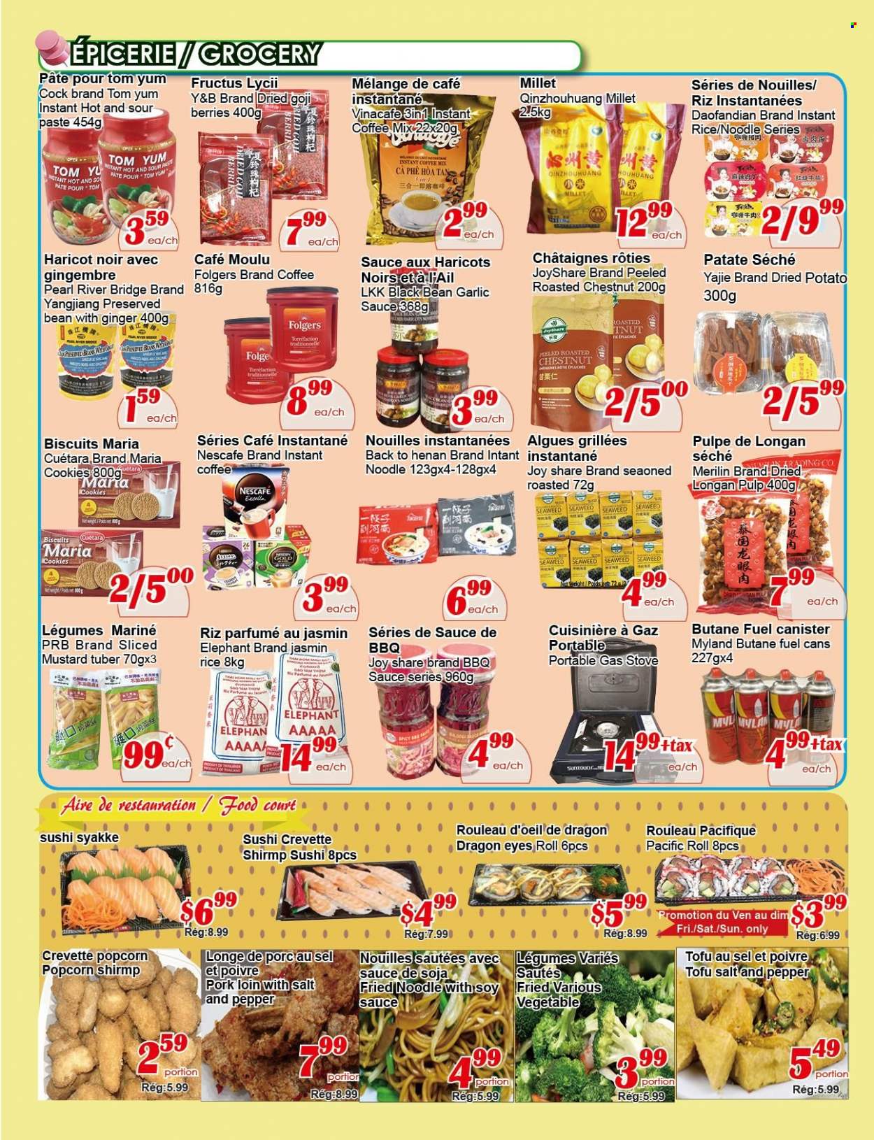 thumbnail - Marché C&T Flyer - March 23, 2023 - March 29, 2023 - Sales products - ginger, peas, sauce, noodles, tofu, cookies, biscuit, popcorn, seaweed, rice, pepper, BBQ sauce, mustard, soy sauce, garlic sauce, chestnuts, goji, coffee, instant coffee, Folgers, pork loin, pork meat, Nescafé. Page 2.