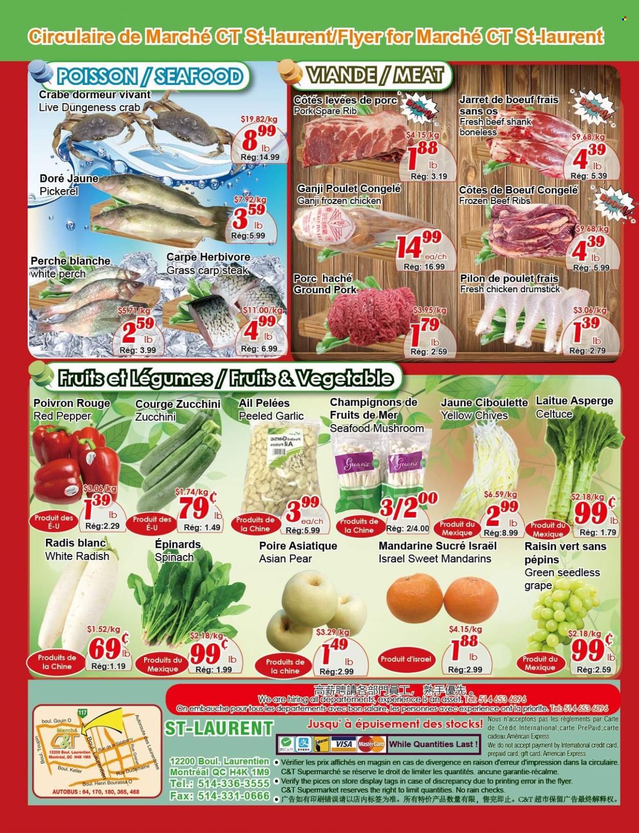 thumbnail - Marché C&T Flyer - March 23, 2023 - March 29, 2023 - Sales products - mushrooms, garlic, radishes, spinach, zucchini, white radish, chives, mandarines, pears, perch, seafood, crab, carp, walleye, chicken, beef meat, beef ribs, beef shank, steak, ribs, ground pork. Page 4.