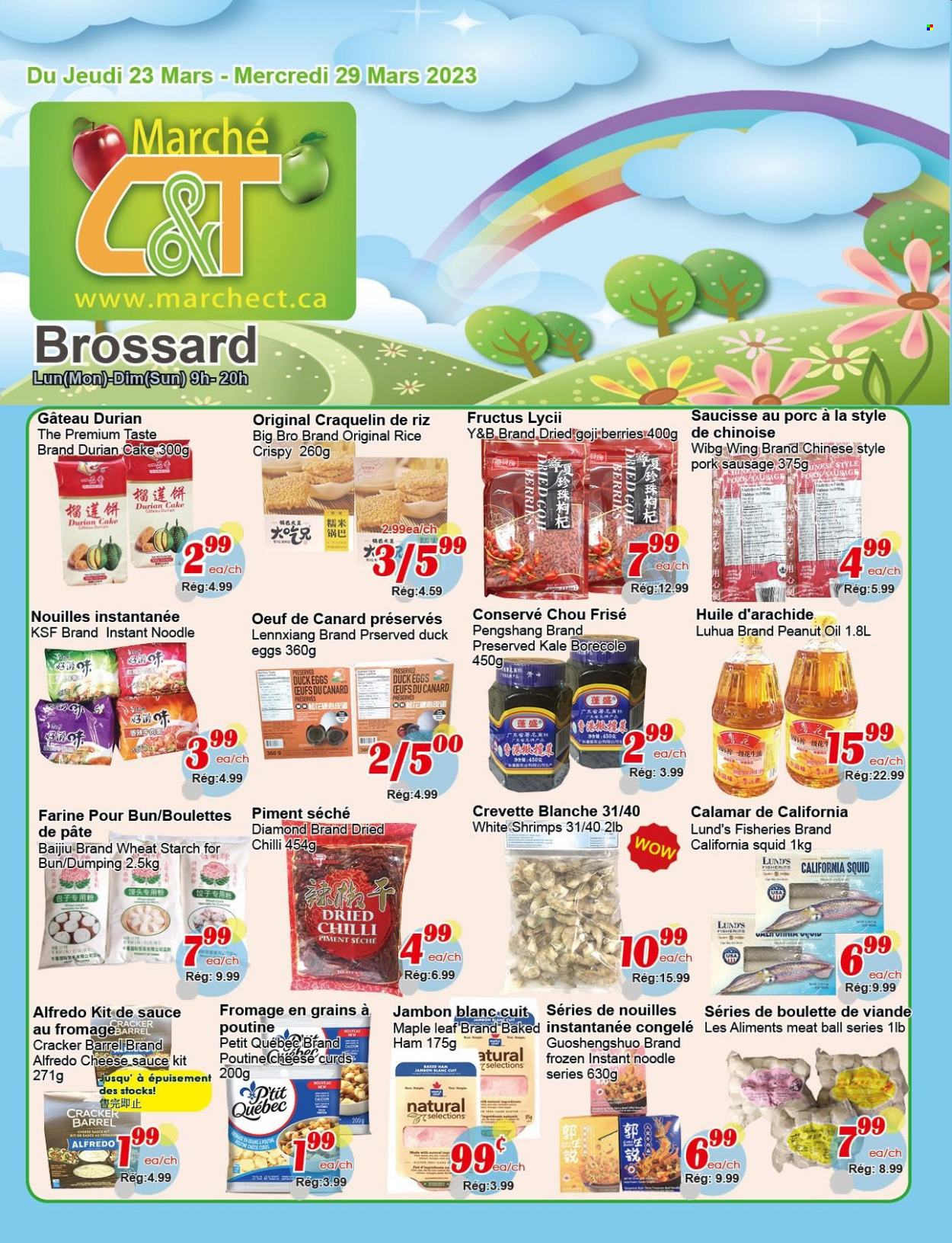 thumbnail - Marché C&T Flyer - March 23, 2023 - March 29, 2023 - Sales products - cake, kale, squid, shrimps, sauce, noodles, ham, sausage, pork sausage, cheese, cheese curd, Mars, crackers, starch, peanut oil, oil, goji. Page 1.