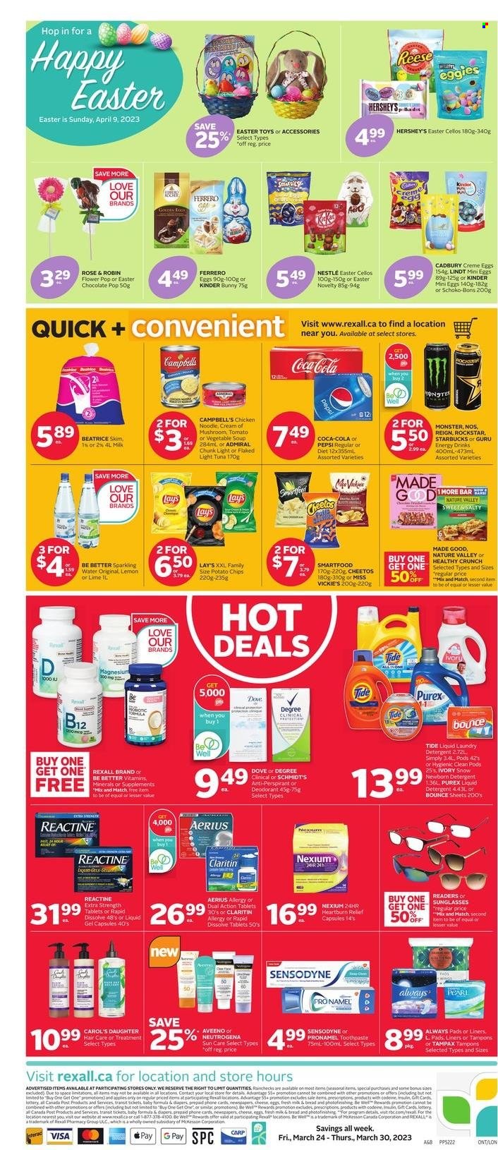 thumbnail - Rexall Flyer - March 24, 2023 - March 30, 2023 - Sales products - bread, soup, Dove, chocolate, Hershey's, Cadbury, potato chips, Cheetos, chips, Lay’s, Smartfood, tuna, light tuna, Nature Valley, noodles, Campbell's, Coca-Cola, Pepsi, energy drink, Monster, Rockstar, water, Starbucks, wine, rosé wine, nappies, Aveeno, Tide, liquid detergent, laundry detergent, Bounce, Purex, toothpaste, Always pads, sanitary pads, tampons, anti-perspirant, sunglasses, magnesium, Nexium, detergent, Nestlé, Neutrogena, Tampax, Sensodyne, Lindt, Ferrero Rocher, Smarties, deodorant. Page 2.
