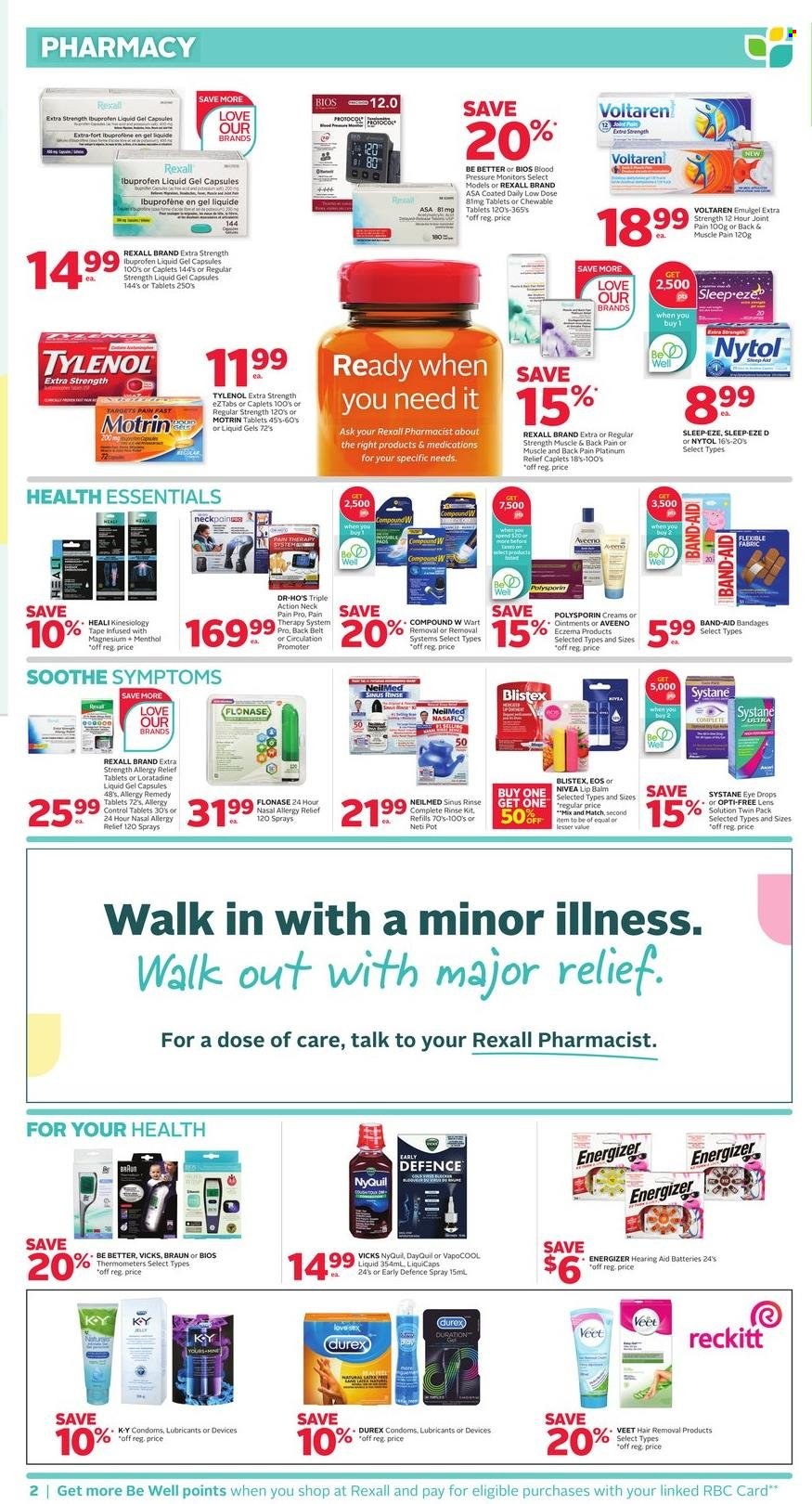 thumbnail - Rexall Flyer - March 24, 2023 - March 30, 2023 - Sales products - Aveeno, Nivea, lip balm, hair removal, Veet, Vicks, pot, battery, belt, DayQuil, magnesium, Tylenol, Ibuprofen, NyQuil, eye drops, Low Dose, allergy relief, Motrin, pressure monitor, band-aid, Braun, Energizer, Systane. Page 3.