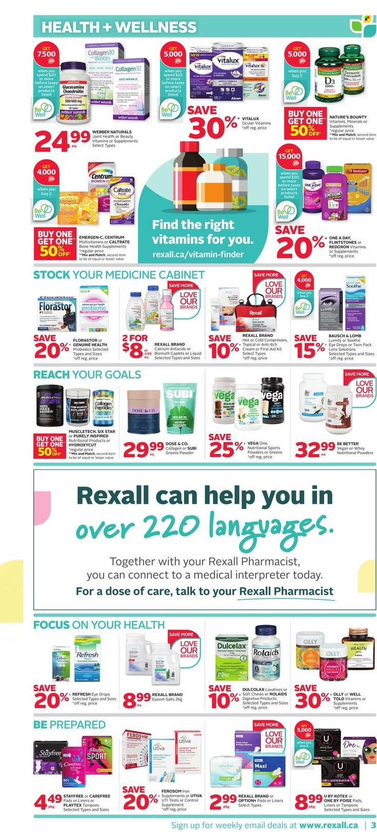 thumbnail - Rexall Flyer - March 24, 2023 - March 30, 2023 - Sales products - chewing gum, turmeric, Stayfree, Playtex, sanitary pads, Carefree, Kotex, tampons, Biotin, Dulcolax, glucosamine, multivitamin, Nature's Bounty, probiotics, Lumify, eye drops, Emergen-C, vitamin D3, Centrum, health supplement, first aid kit, calcium. Page 4.