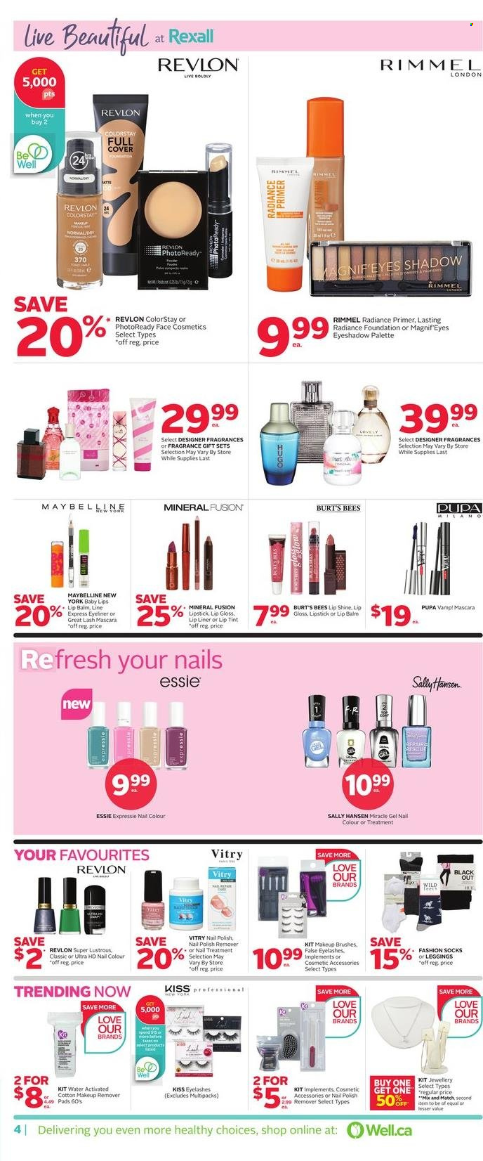 thumbnail - Rexall Flyer - March 24, 2023 - March 30, 2023 - Sales products - water, lip balm, Revlon, Palette, fragrance, cosmetic accessory, nail polish remover, eyeshadow, lip gloss, lipstick, makeup remover, mascara, Maybelline, Rimmel, eyelashes, eyeliner, leggings, socks, Sally Hansen. Page 5.