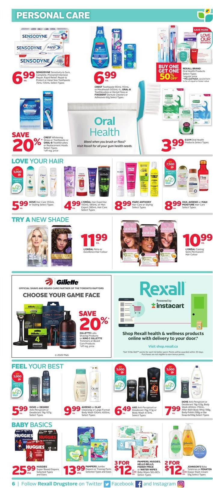 thumbnail - Rexall Flyer - March 24, 2023 - March 30, 2023 - Sales products - strips, Dove, water, wipes, Pampers, pants, baby wipes, nappies, Johnson's, baby pants, Aveeno, body wash, soap bar, soap, toothpaste, mouthwash, Fixodent, Crest, Gillette, L’Oréal, Olay, OGX, hair color, Maui Moisture, anti-perspirant, Axe, polish, Huggies, Oral-B, Sensodyne, deodorant. Page 7.